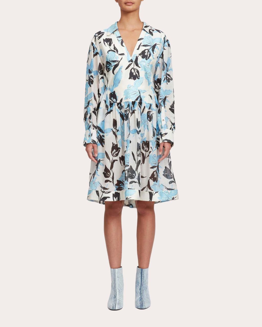 Gathered Floral Print Silk-Blend Dress