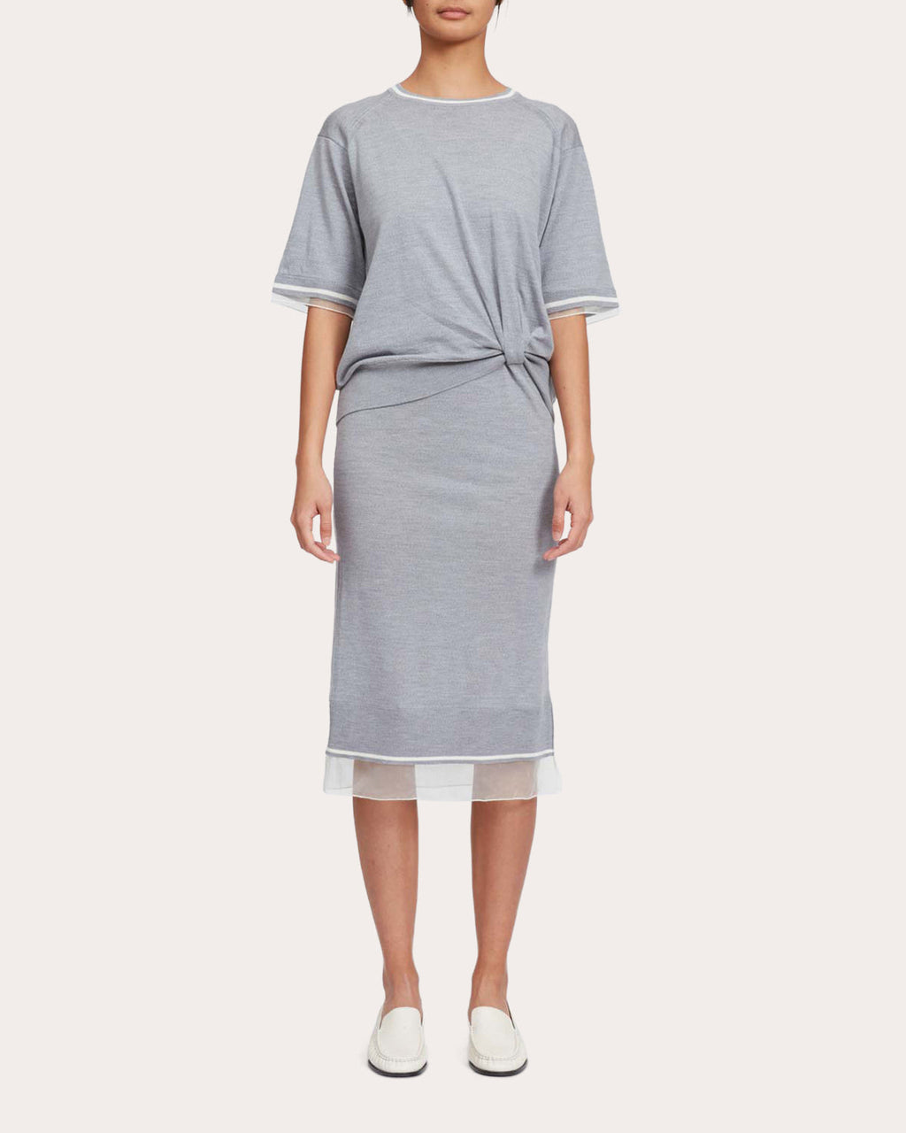 Organza Trimmed Gathered Wool Sweater Dress