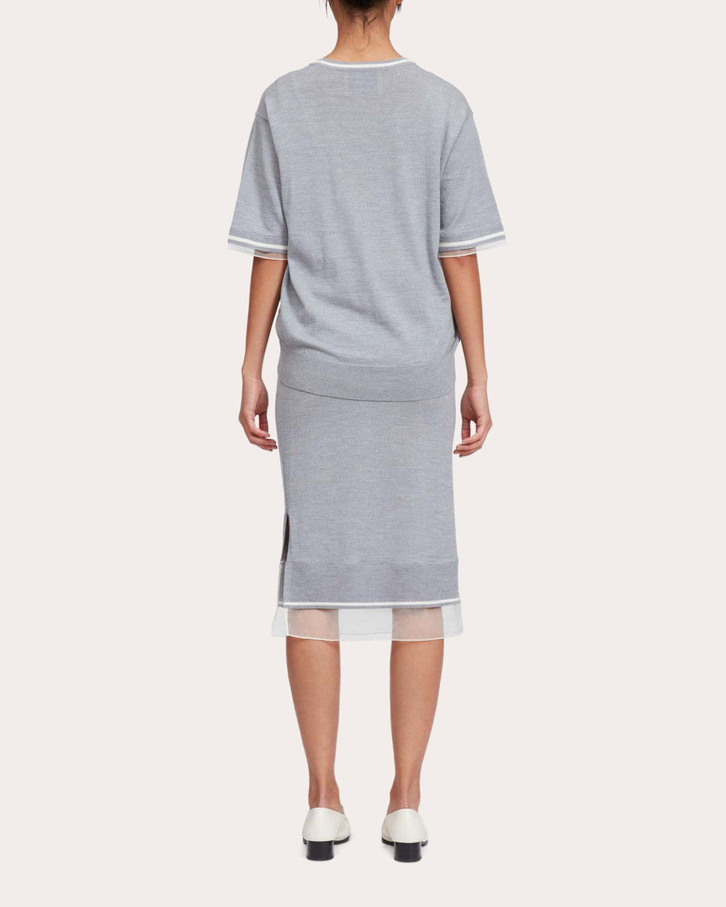 Organza Trimmed Gathered Wool Sweater Dress