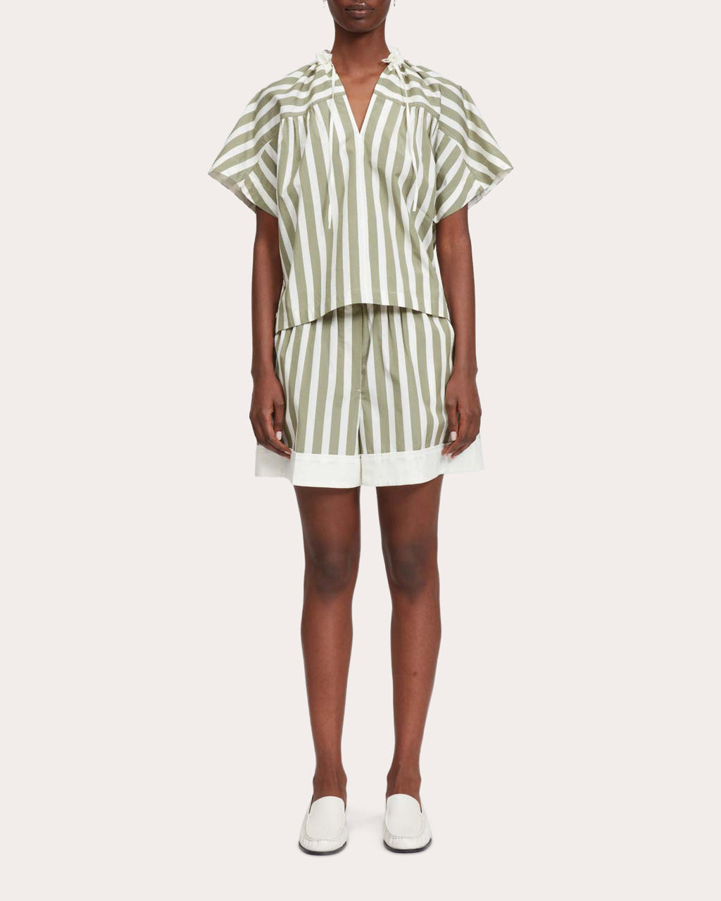 Striped Ruffle Trimmed Cotton-Silk Blend Top
