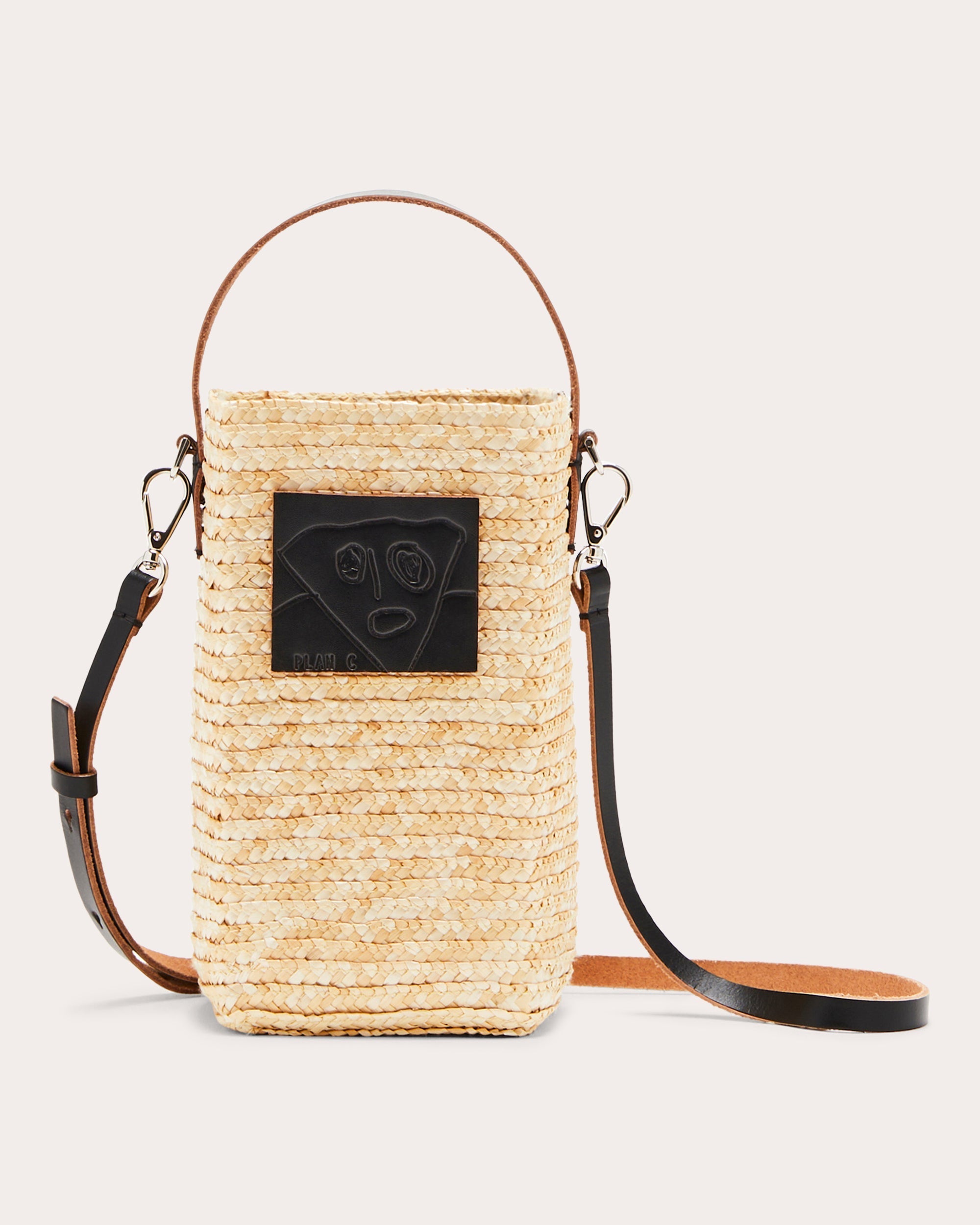 Small Leather-Paneled Straw Bucket Bag