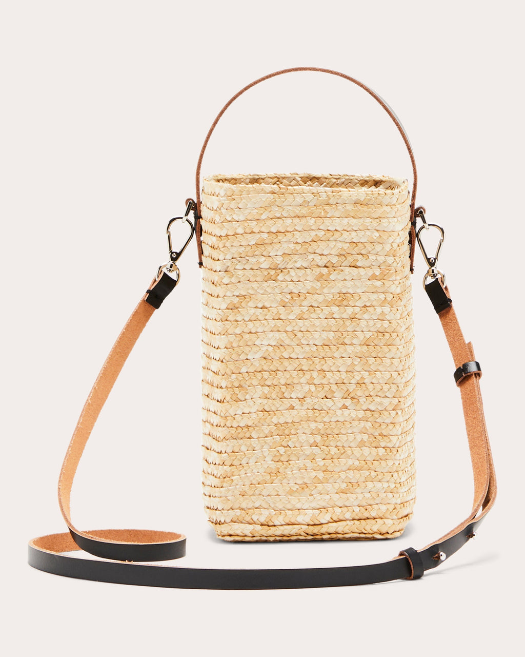 Small Leather-Paneled Straw Bucket Bag