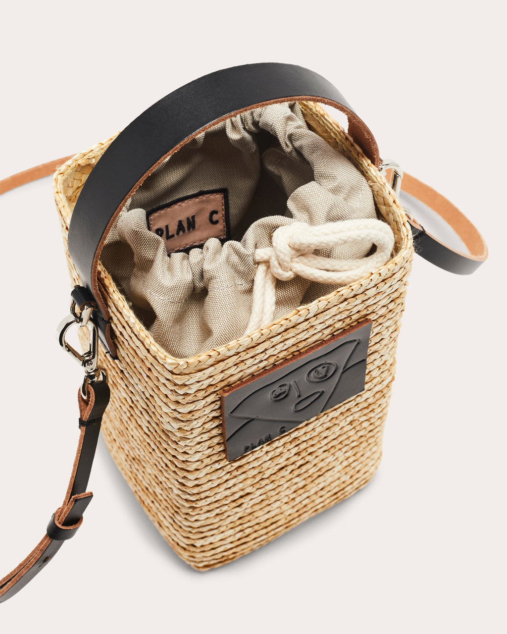 Small Leather-Paneled Straw Bucket Bag