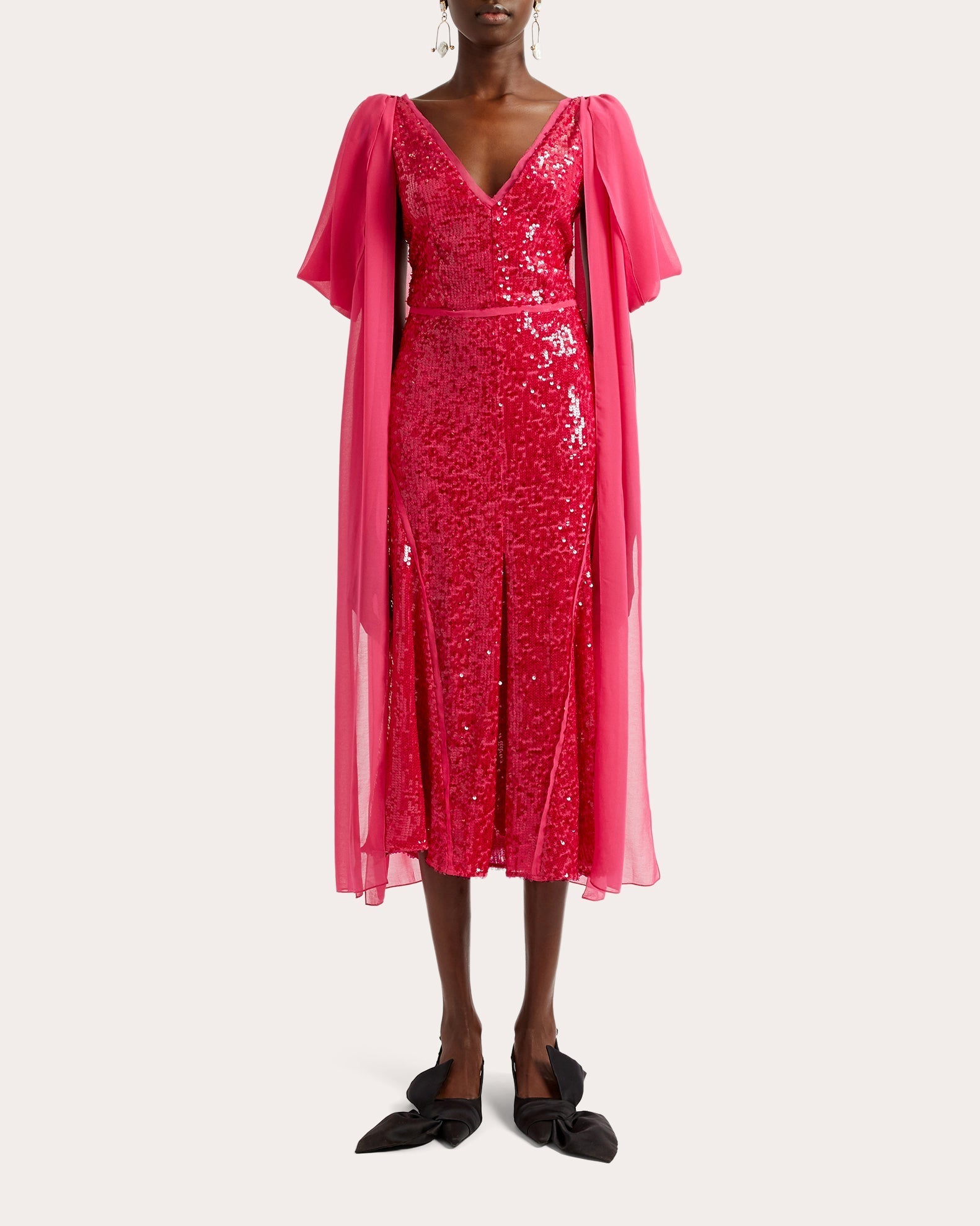 Chiffon-Trimmed Sequined Midi Dress