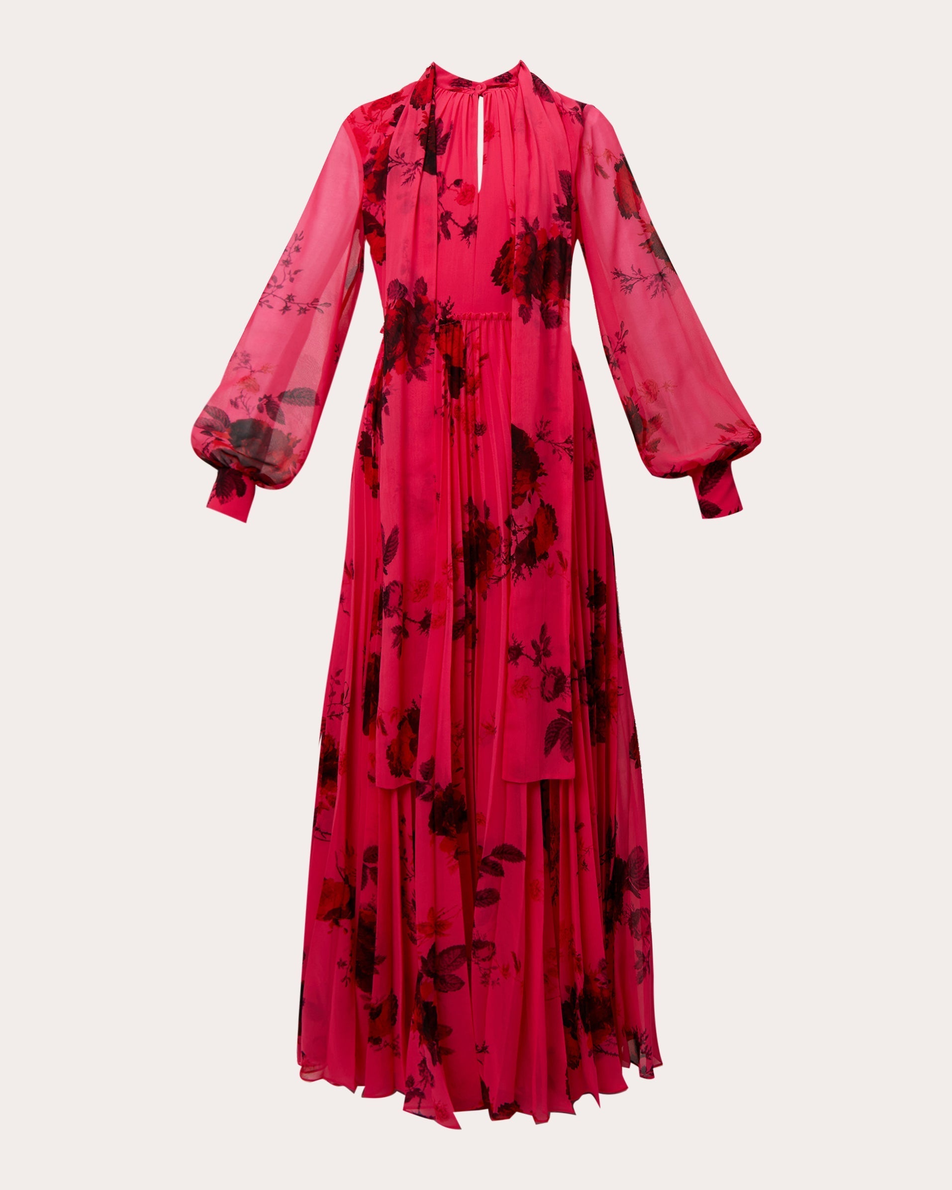 Pleated Floral-Print Voile Gown