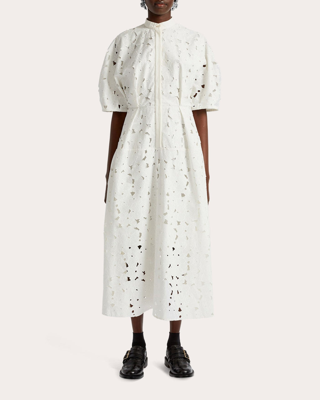 Floral Cutout Embroidered Cotton-Blend Midi Shirt Dress
