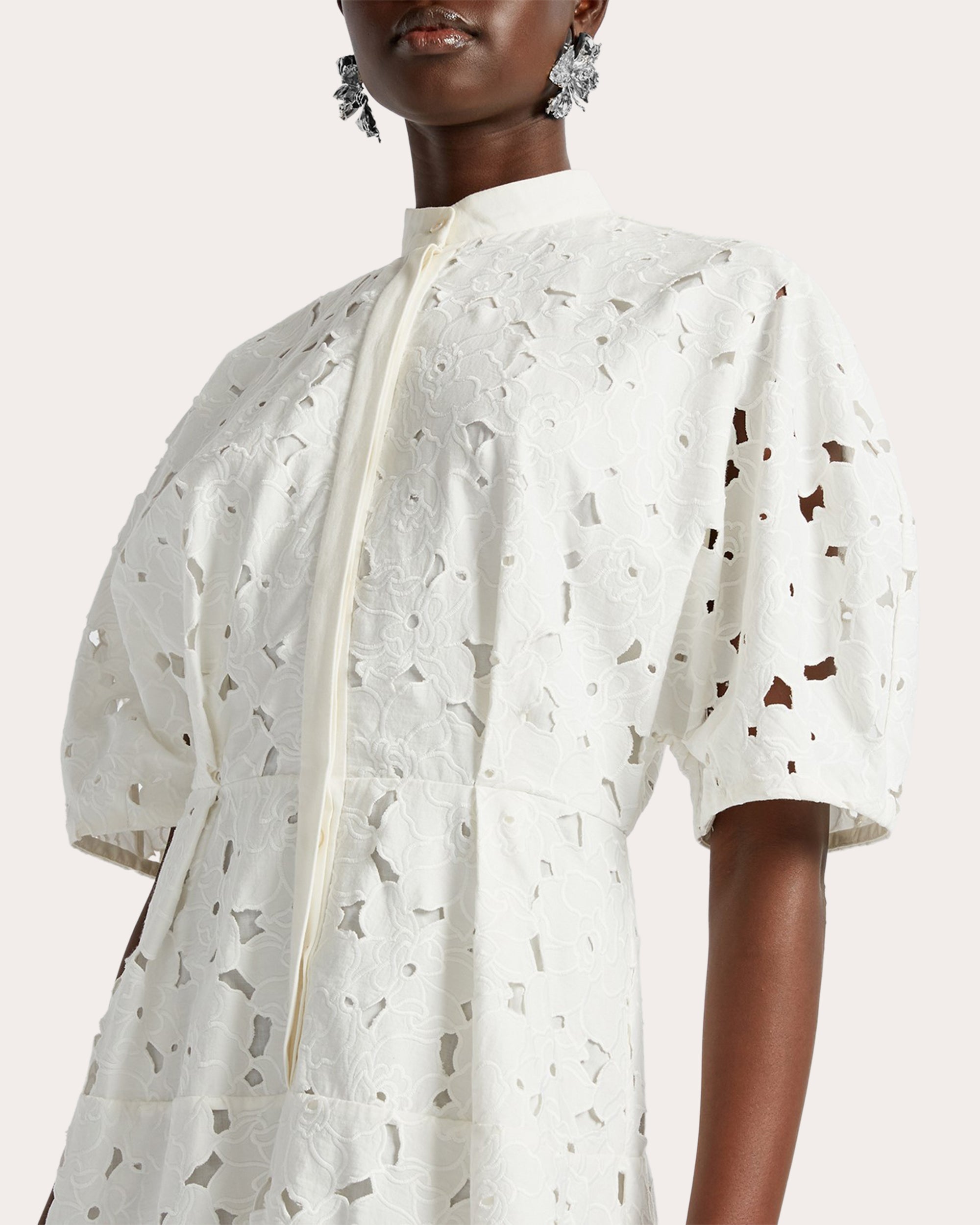 Floral Cutout Embroidered Cotton-Blend Midi Shirt Dress