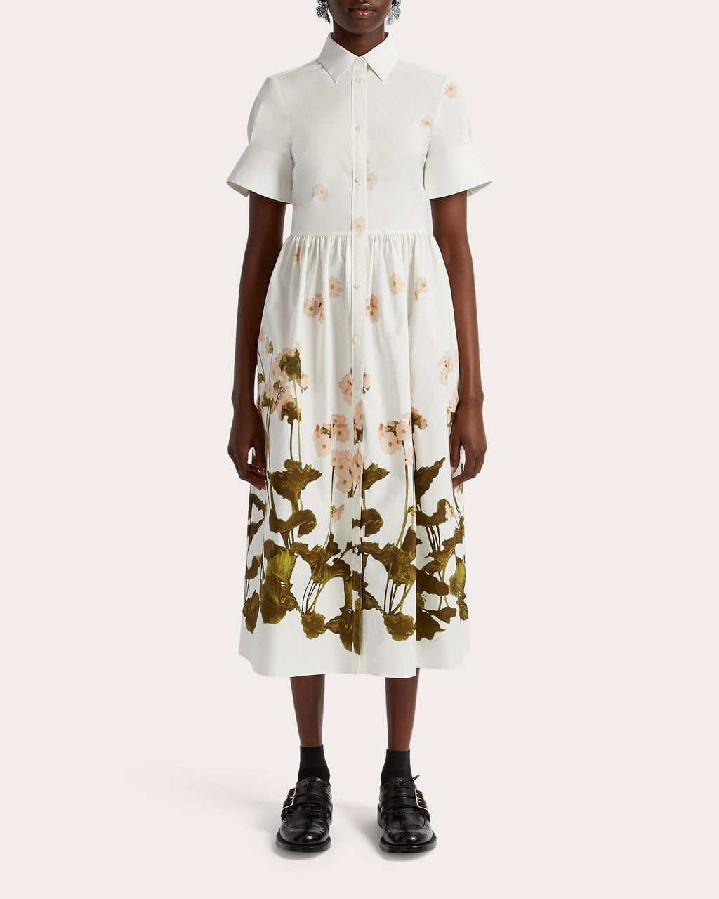 Gathered Floral-Print Cotton-Poplin Midi Shirt Dress