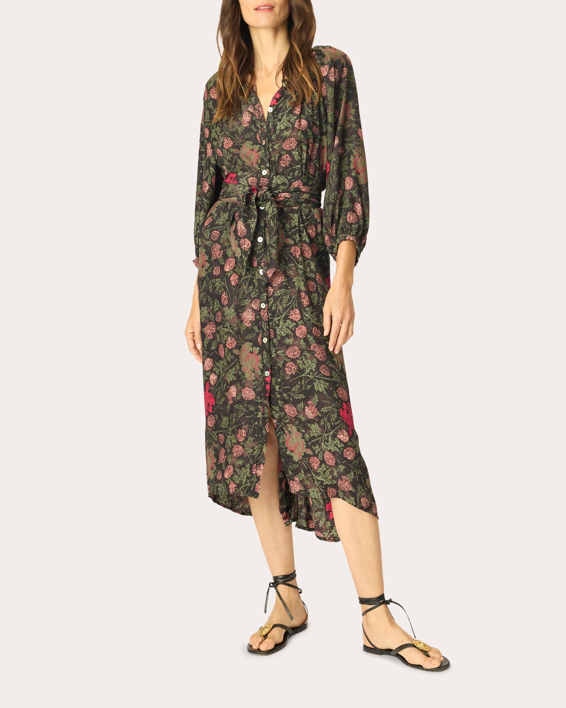Alex Floral Silk Belted Button-Up Midi Dress