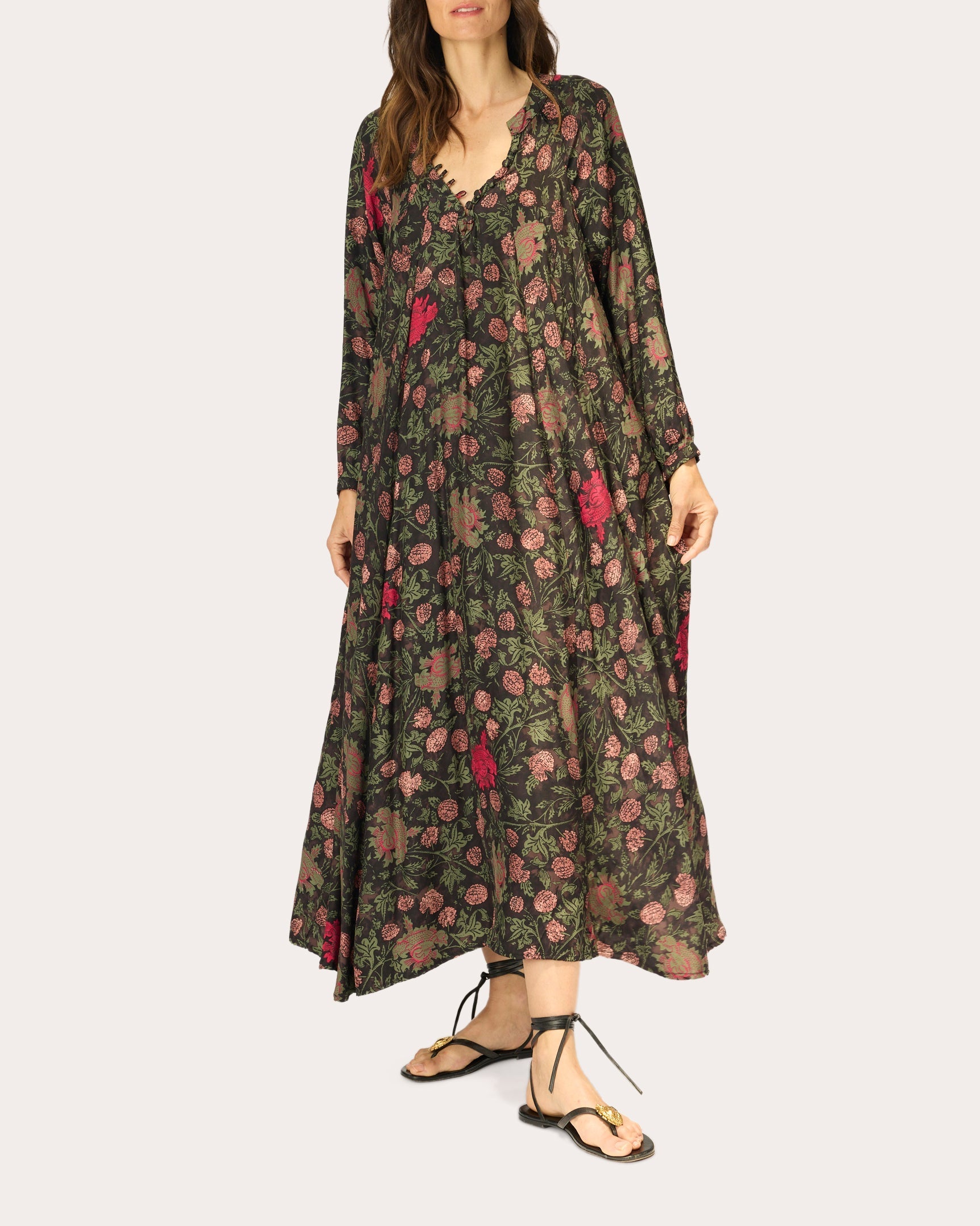 Fiore Floral Silk Pleated A-Line Maxi Dress