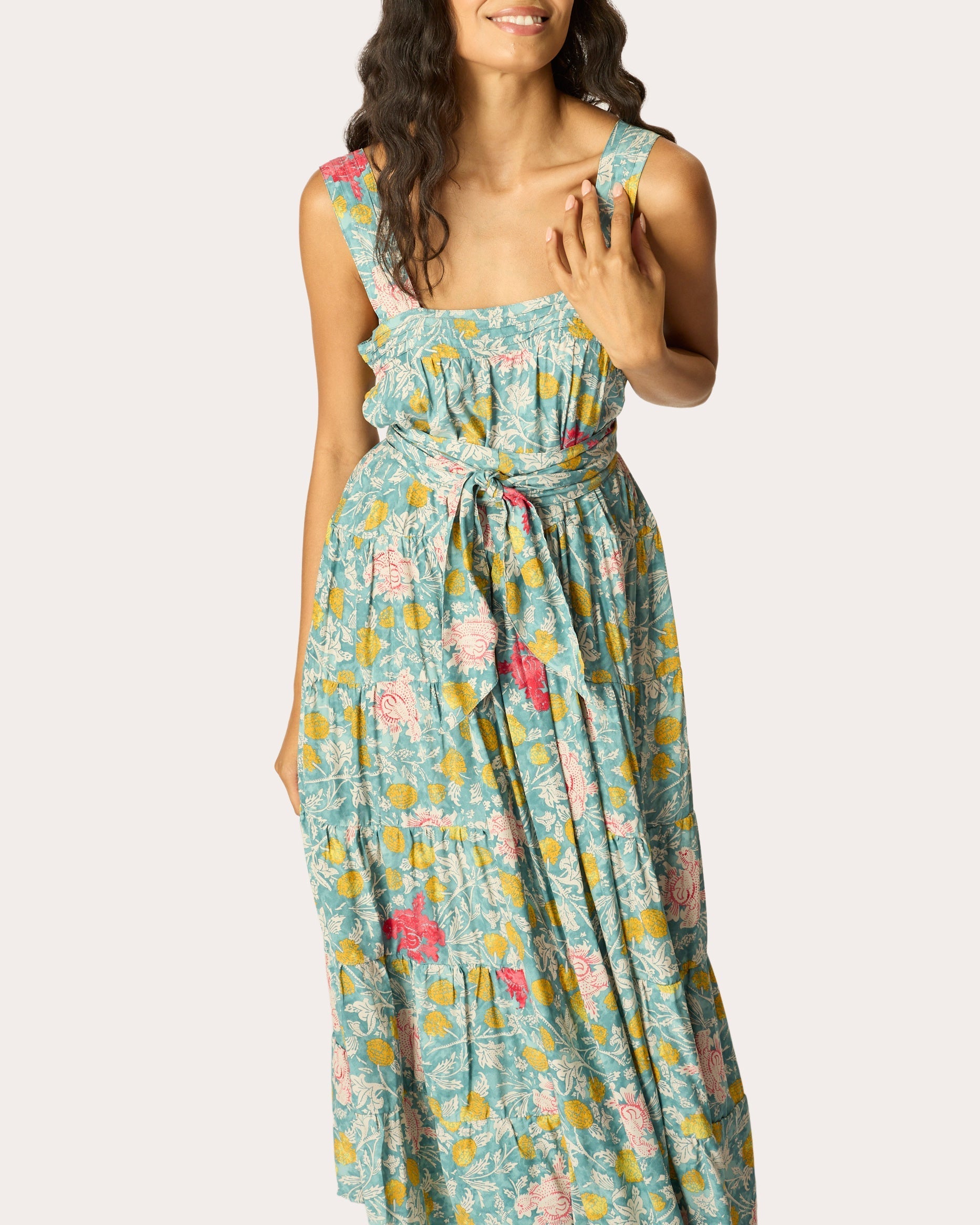 Jasmine Floral Silk Pintuck Tiered Maxi Dress