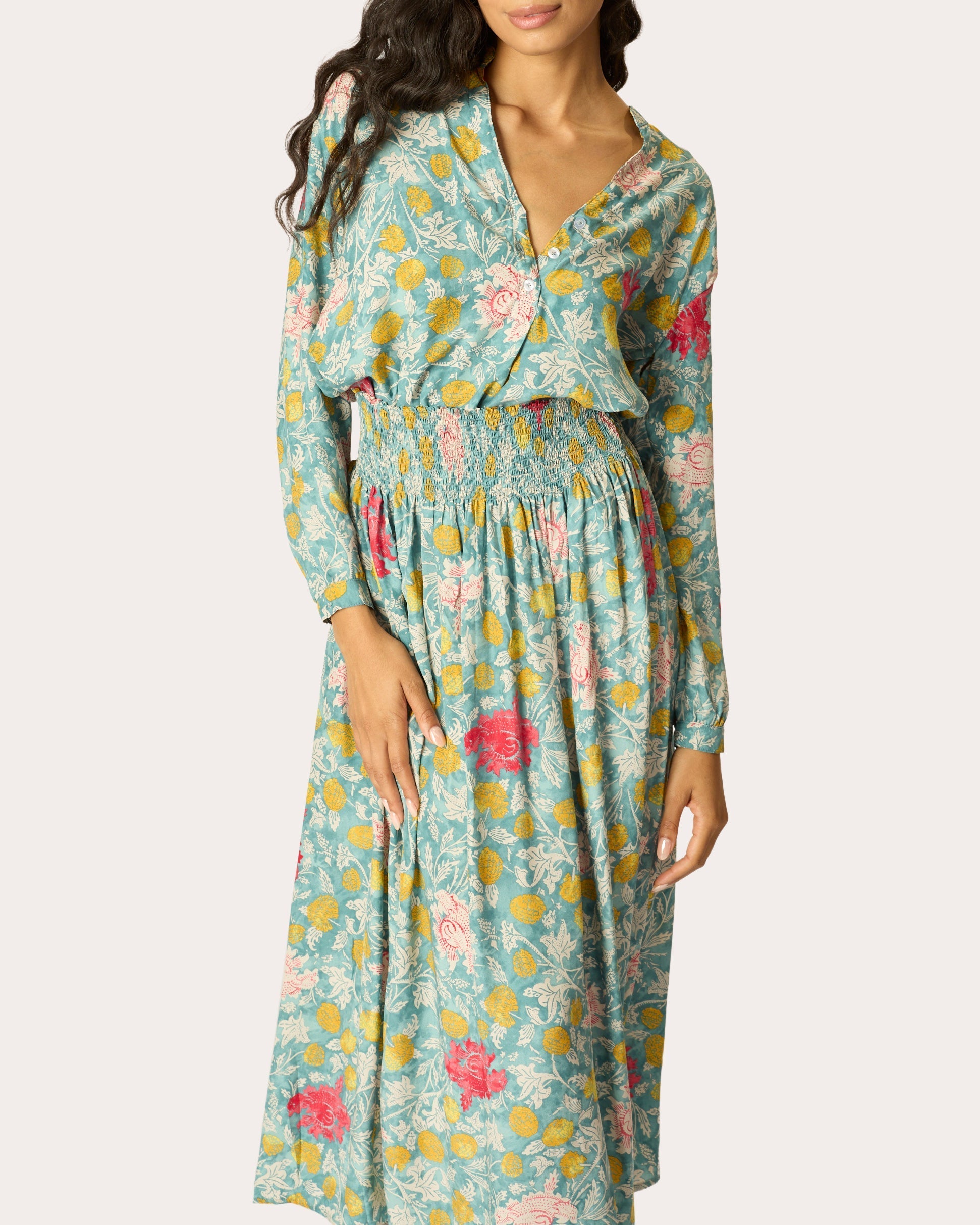 Tolan Floral Silk Gathered Button-Up Shirt