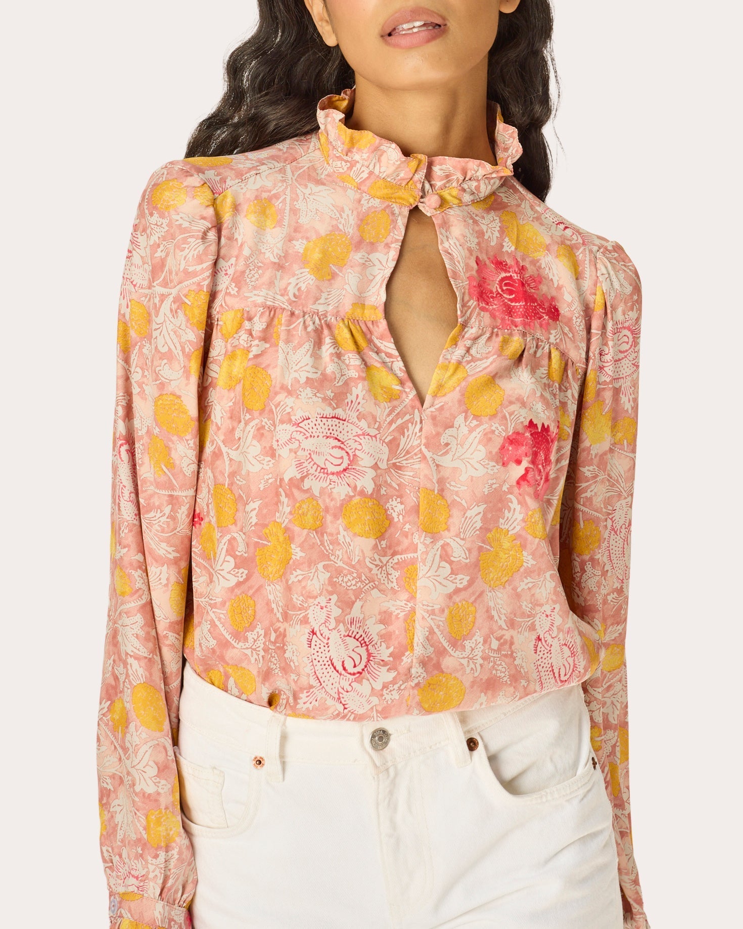 Georgia Floral Silk Ruffle-Collar Top