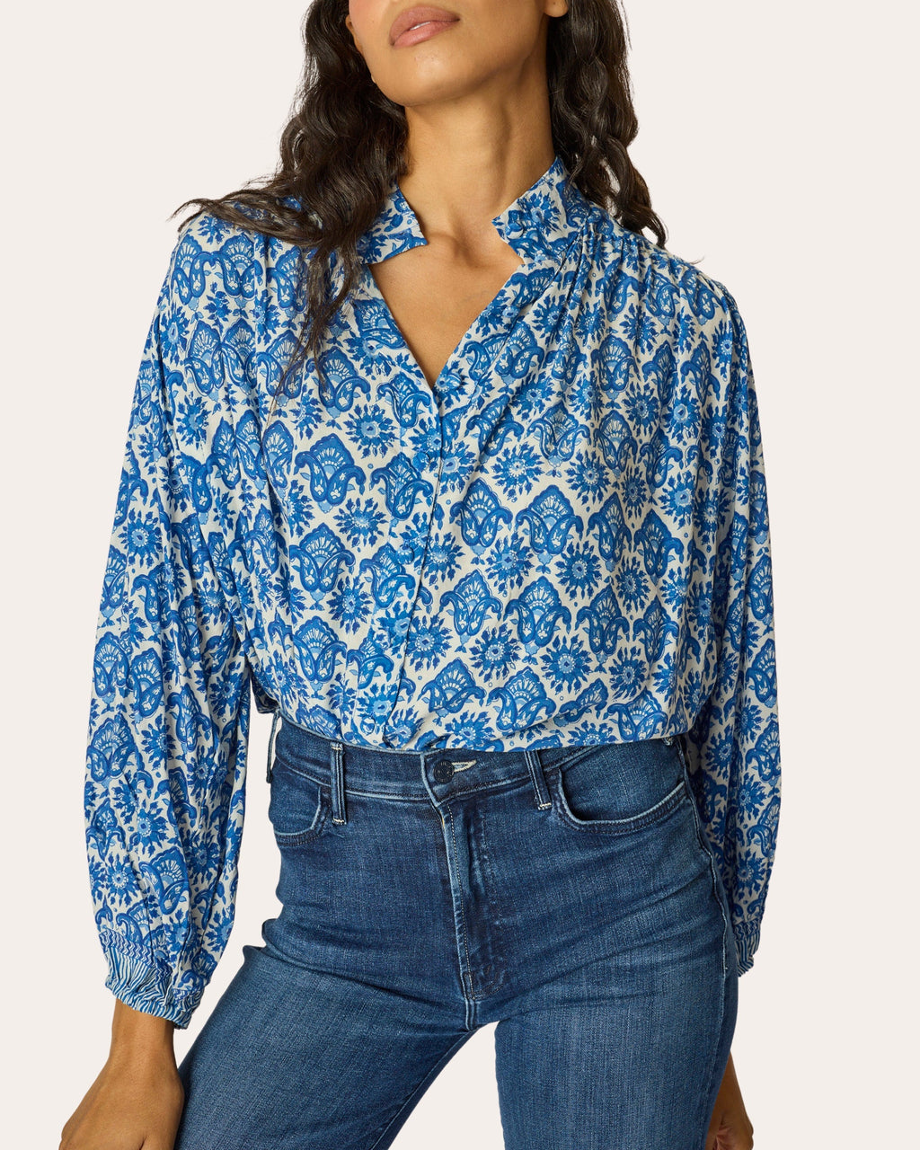 Iris Fleur de Lis Button-Up Peasant Top