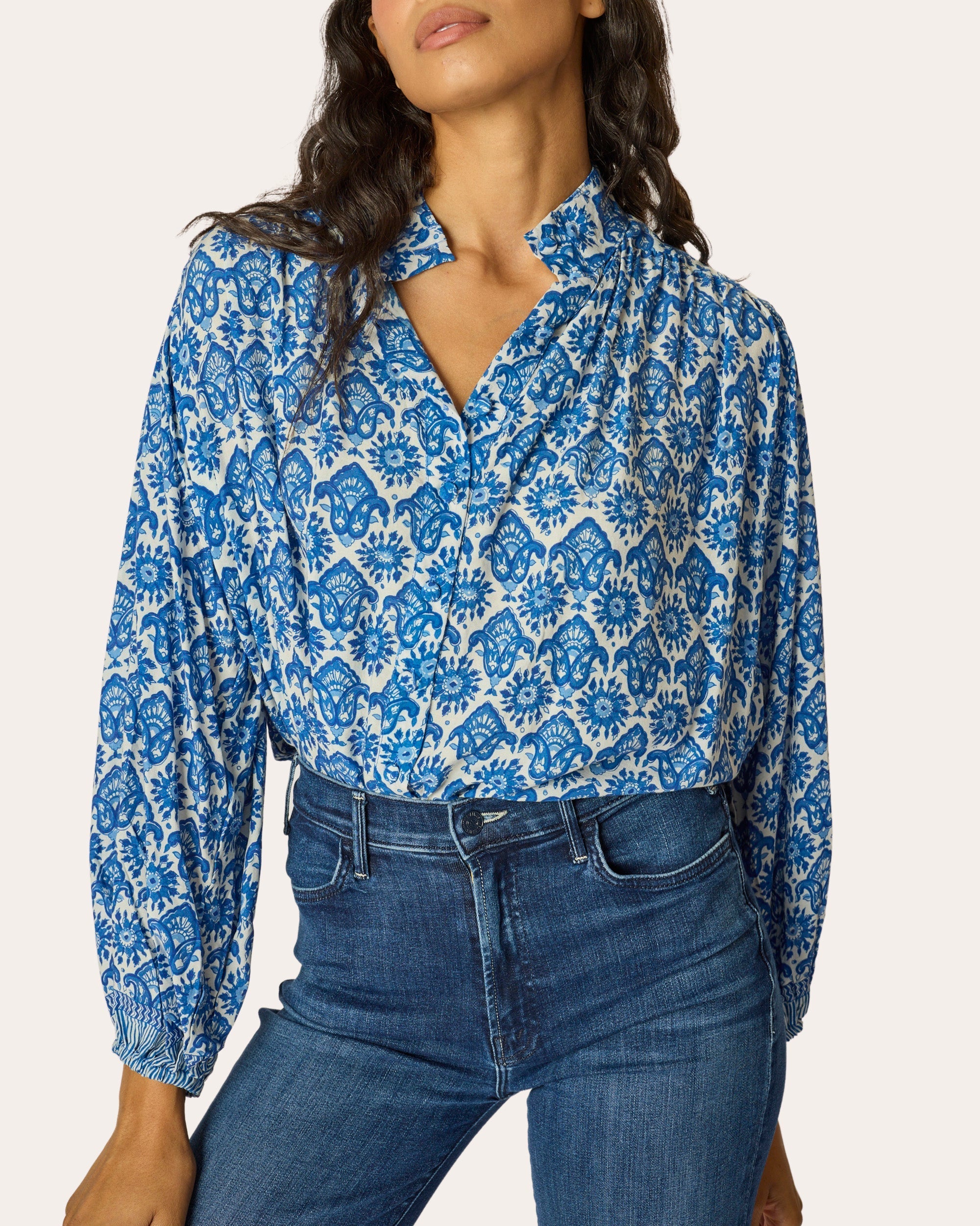 Iris Fleur de Lis Button-Up Peasant Top