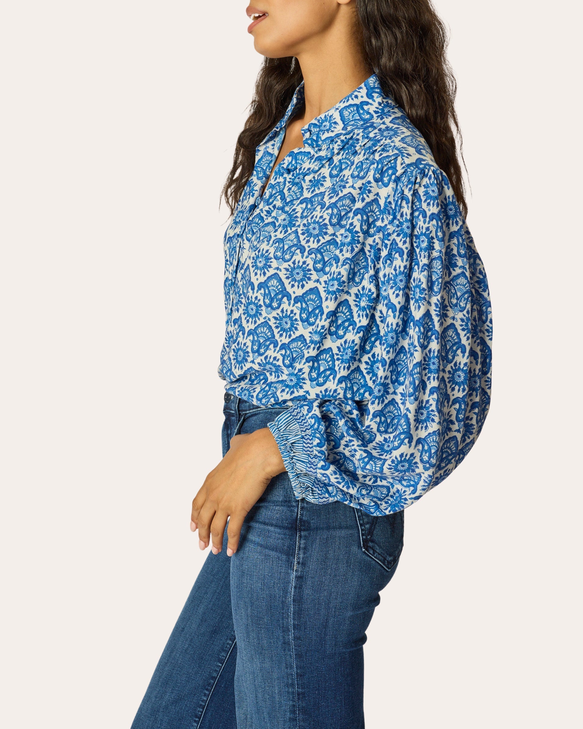 Iris Fleur de Lis Button-Up Peasant Top