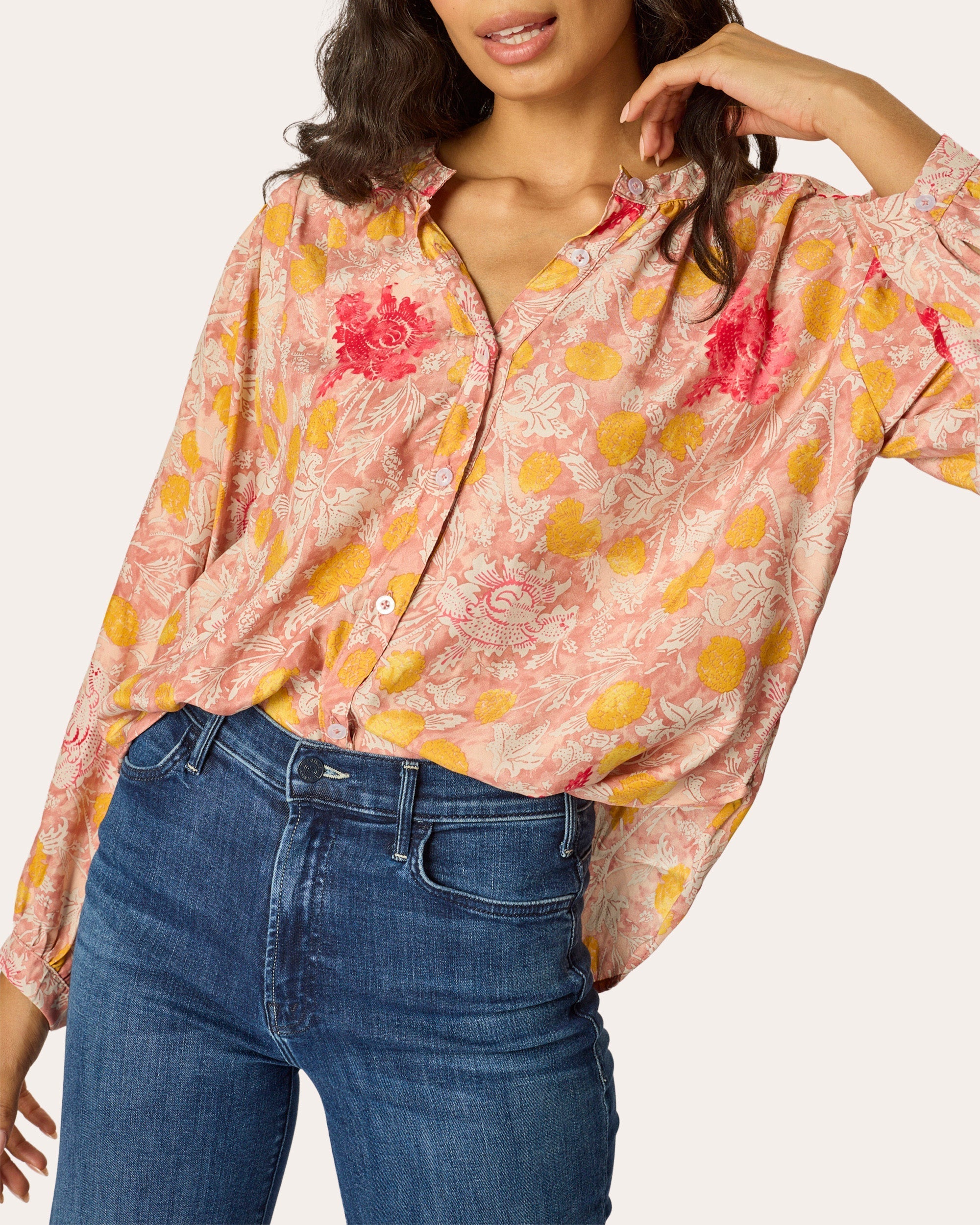 Tolan Floral Silk Gathered Button-Up Shirt