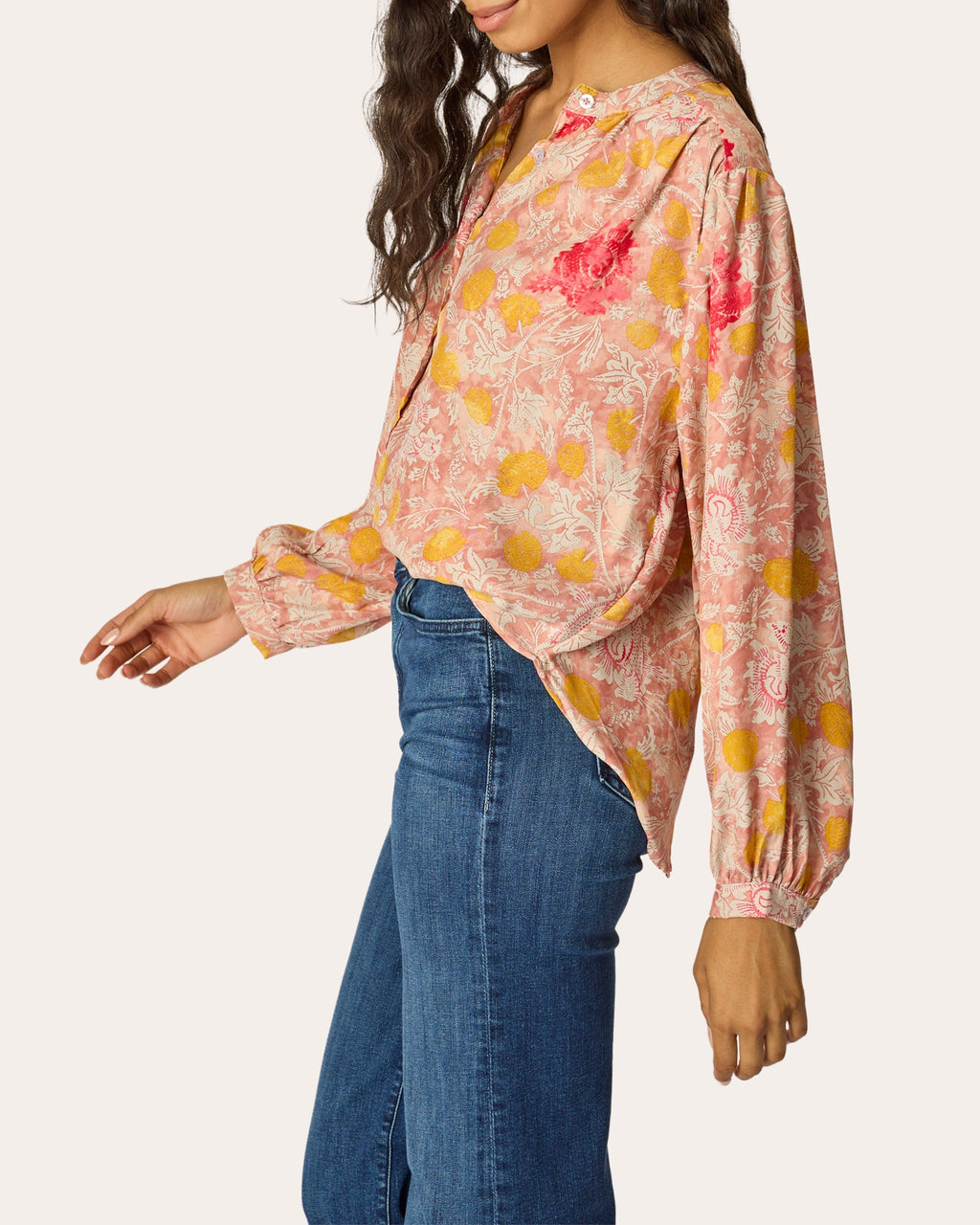 Tolan Floral Silk Gathered Button-Up Shirt