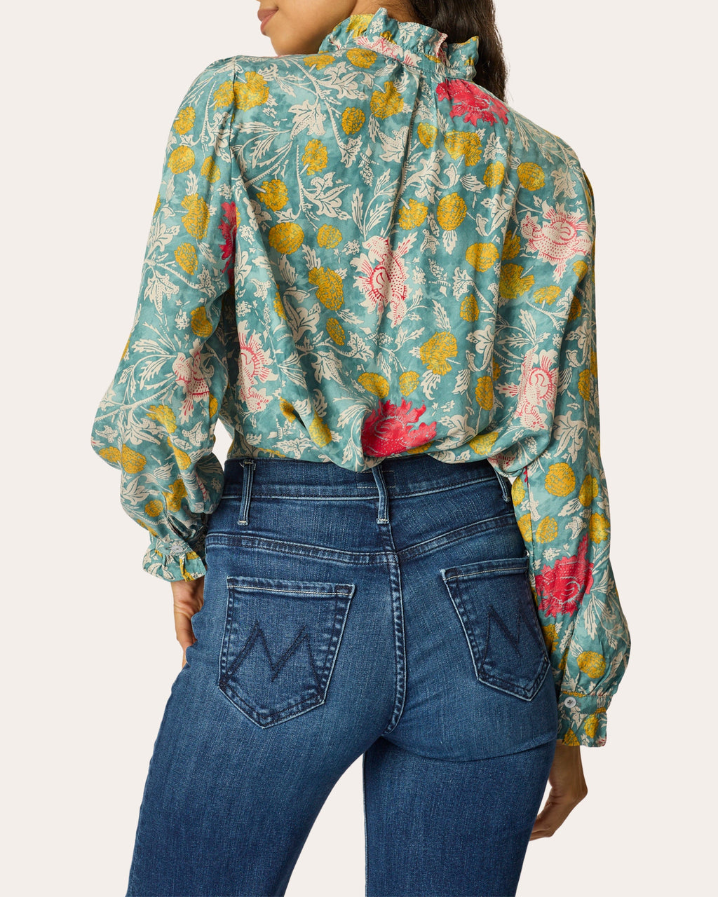 Georgia Floral Silk Ruffle-Collar Top