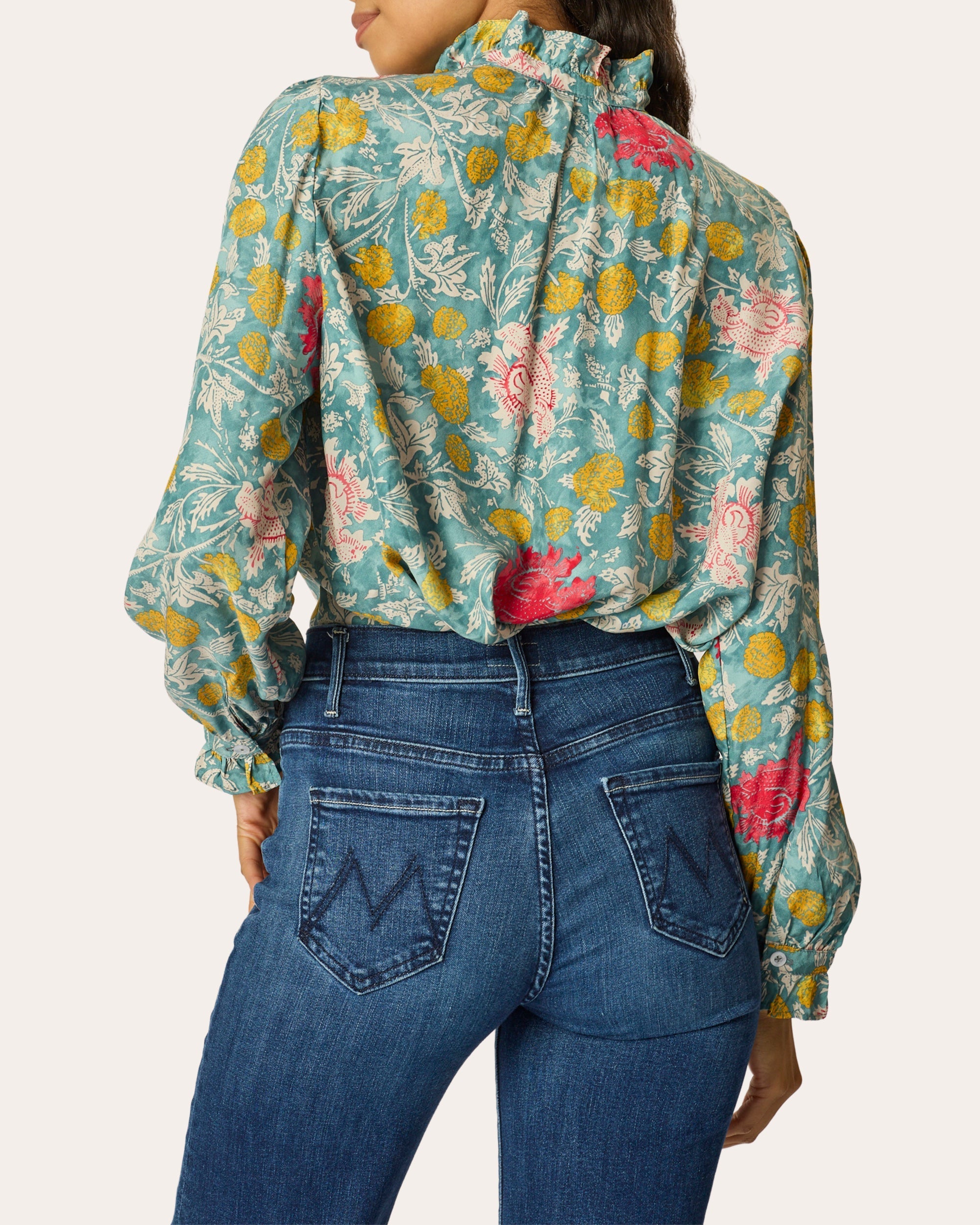 Georgia Floral Silk Ruffle-Collar Top