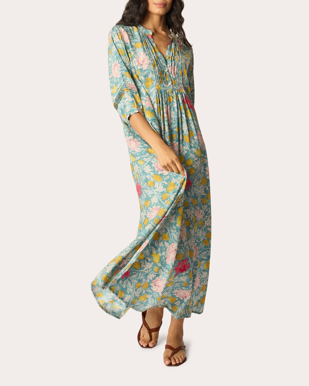 Sammie Floral Silk Pleated Button-Front Maxi Dress