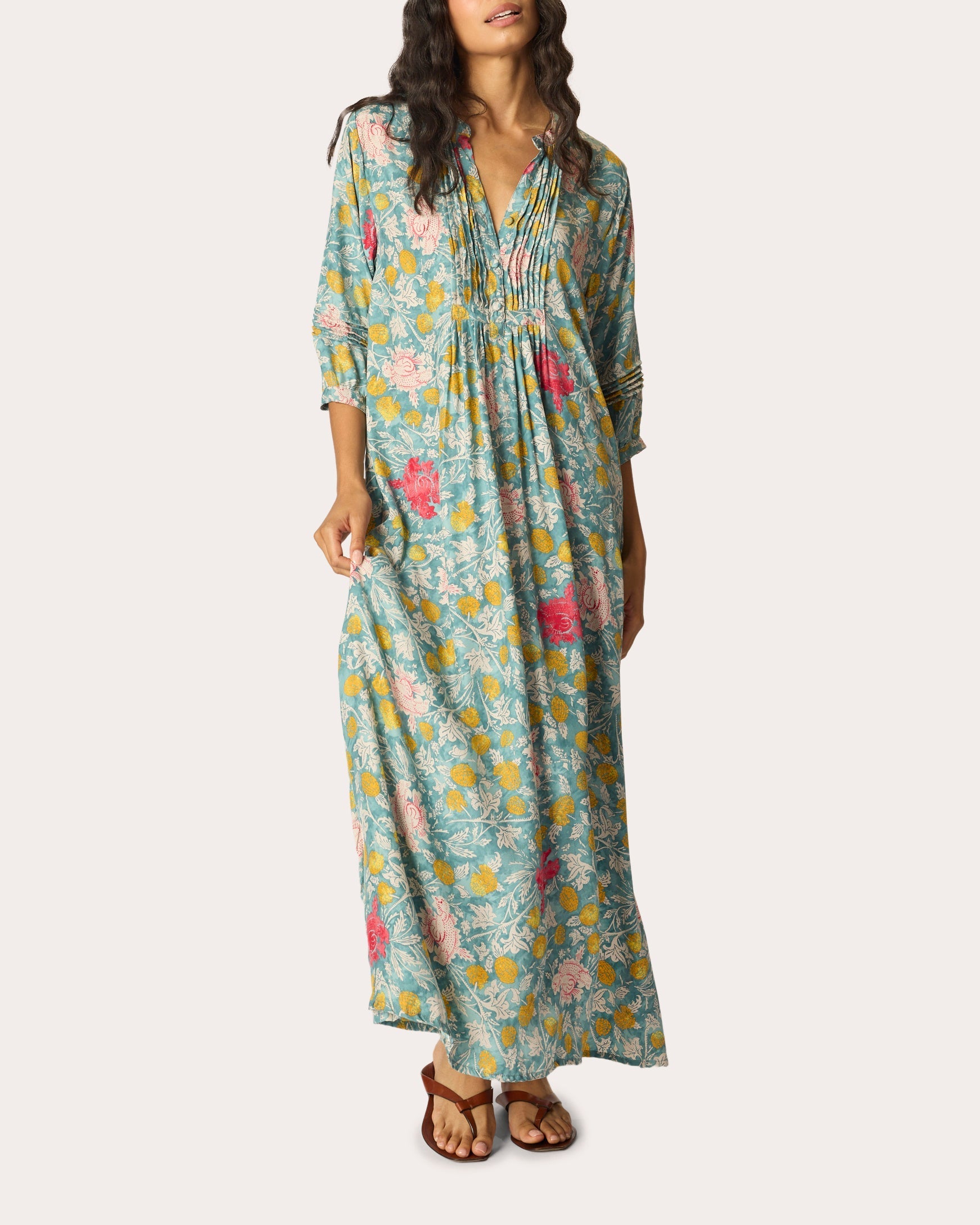 Sammie Floral Silk Pleated Button-Front Maxi Dress