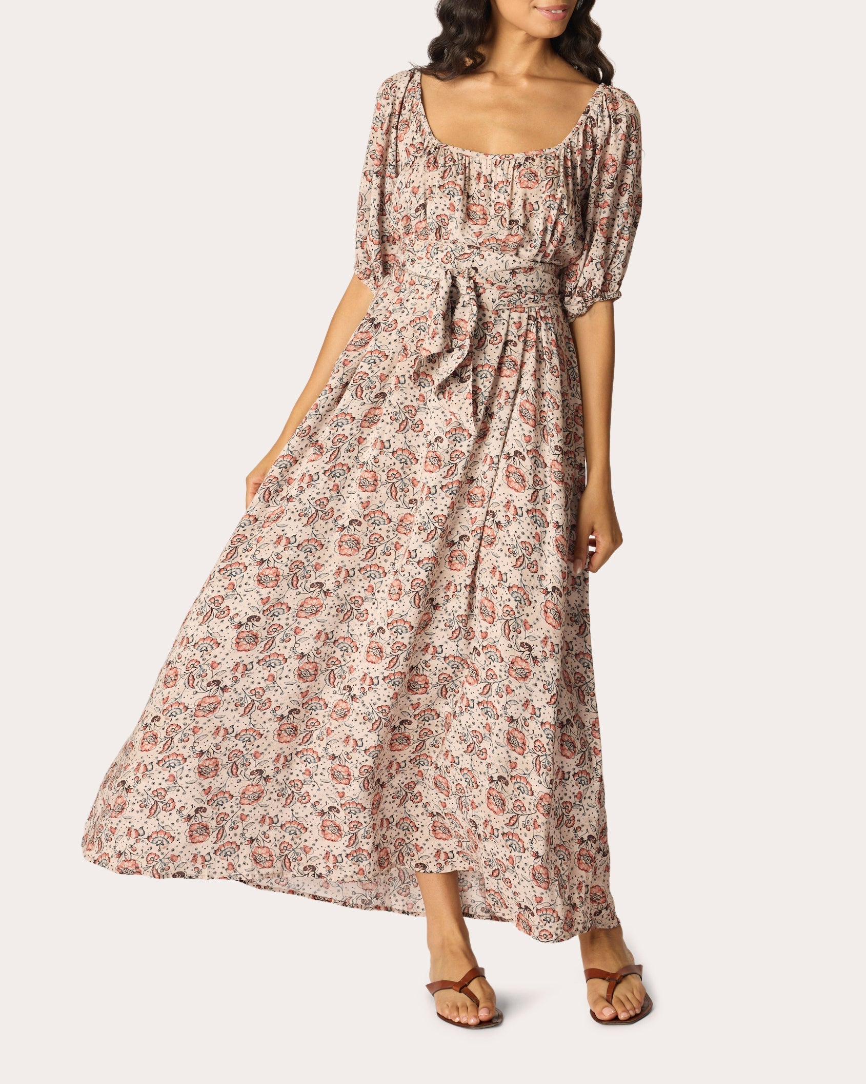 Vivi Floral Belted Puff-Sleeve Maxi Dress