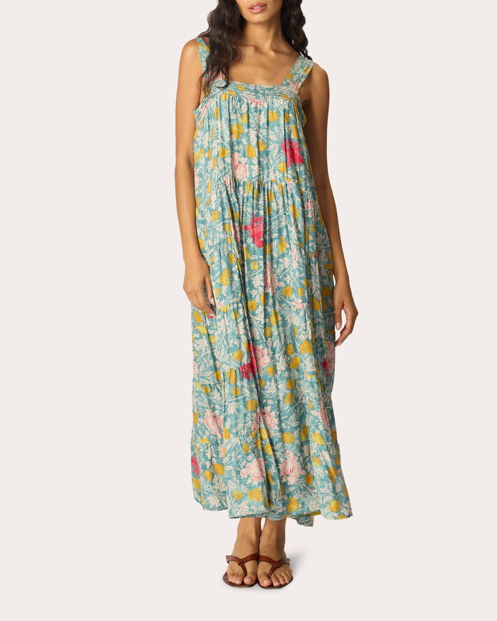 Jasmine Floral Silk Pintuck Tiered Maxi Dress
