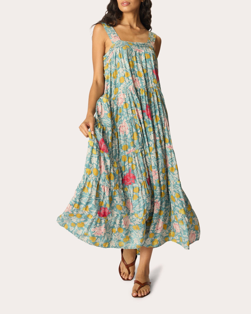 Jasmine Floral Silk Pintuck Tiered Maxi Dress