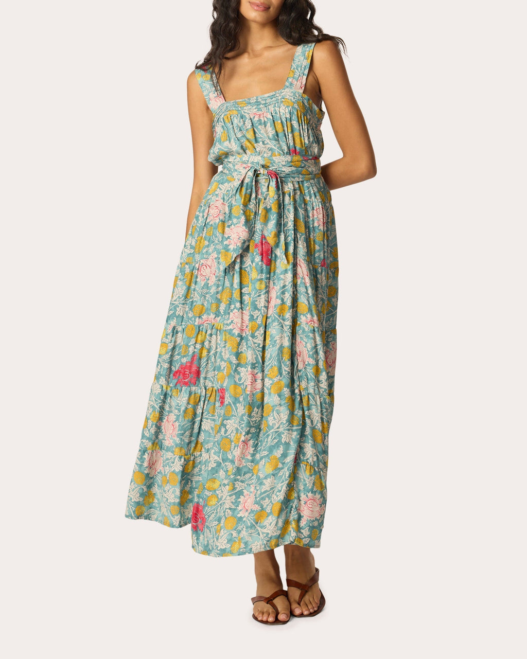 Jasmine Floral Silk Pintuck Tiered Maxi Dress
