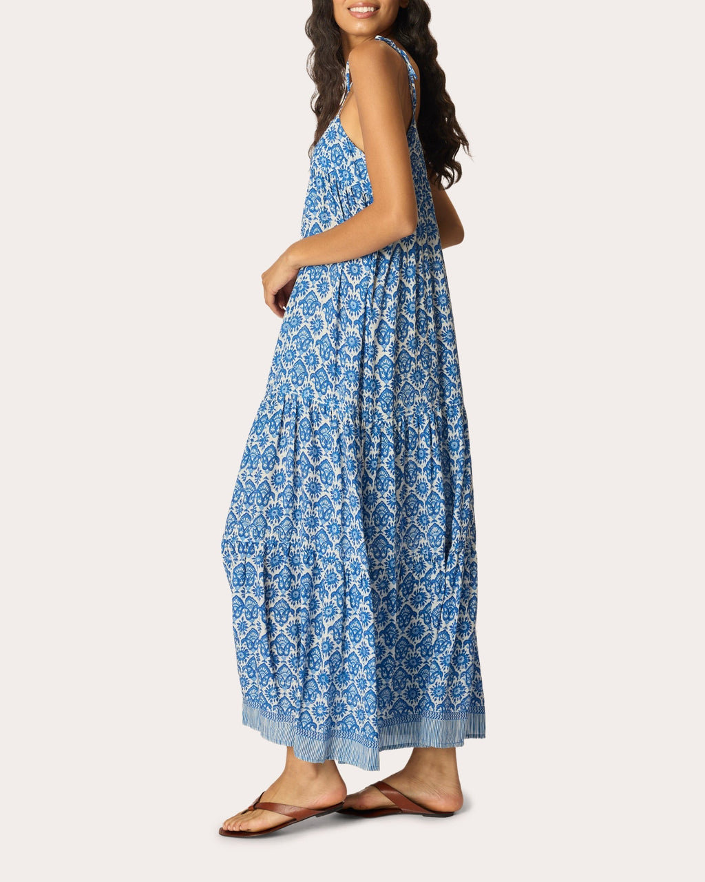 Melanie Fleur de Lis Tiered Drop-Waist Maxi Dress