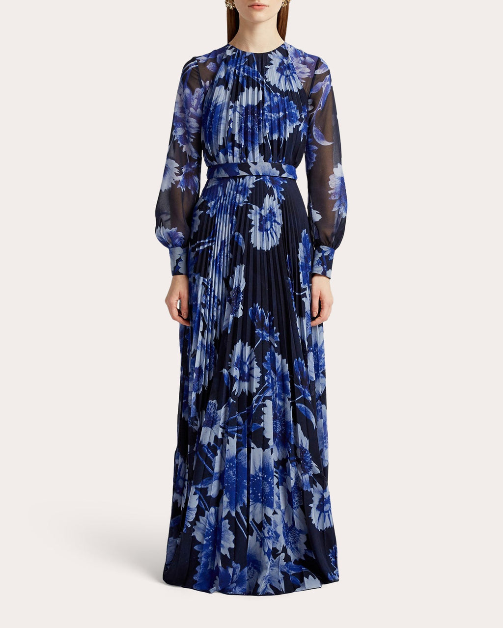 Pleated Floral-Print Silk Voile Gown