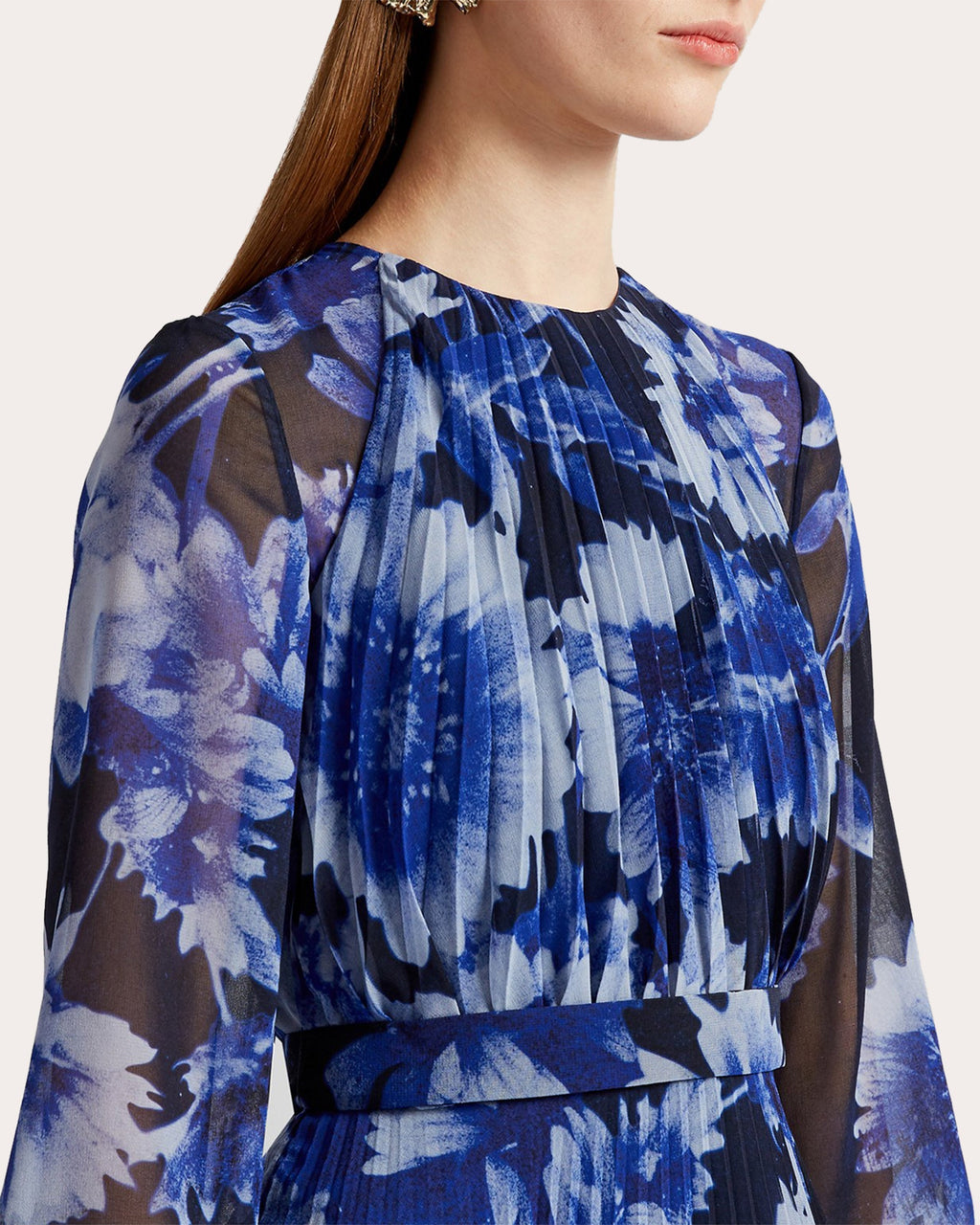 Pleated Floral-Print Silk Voile Gown