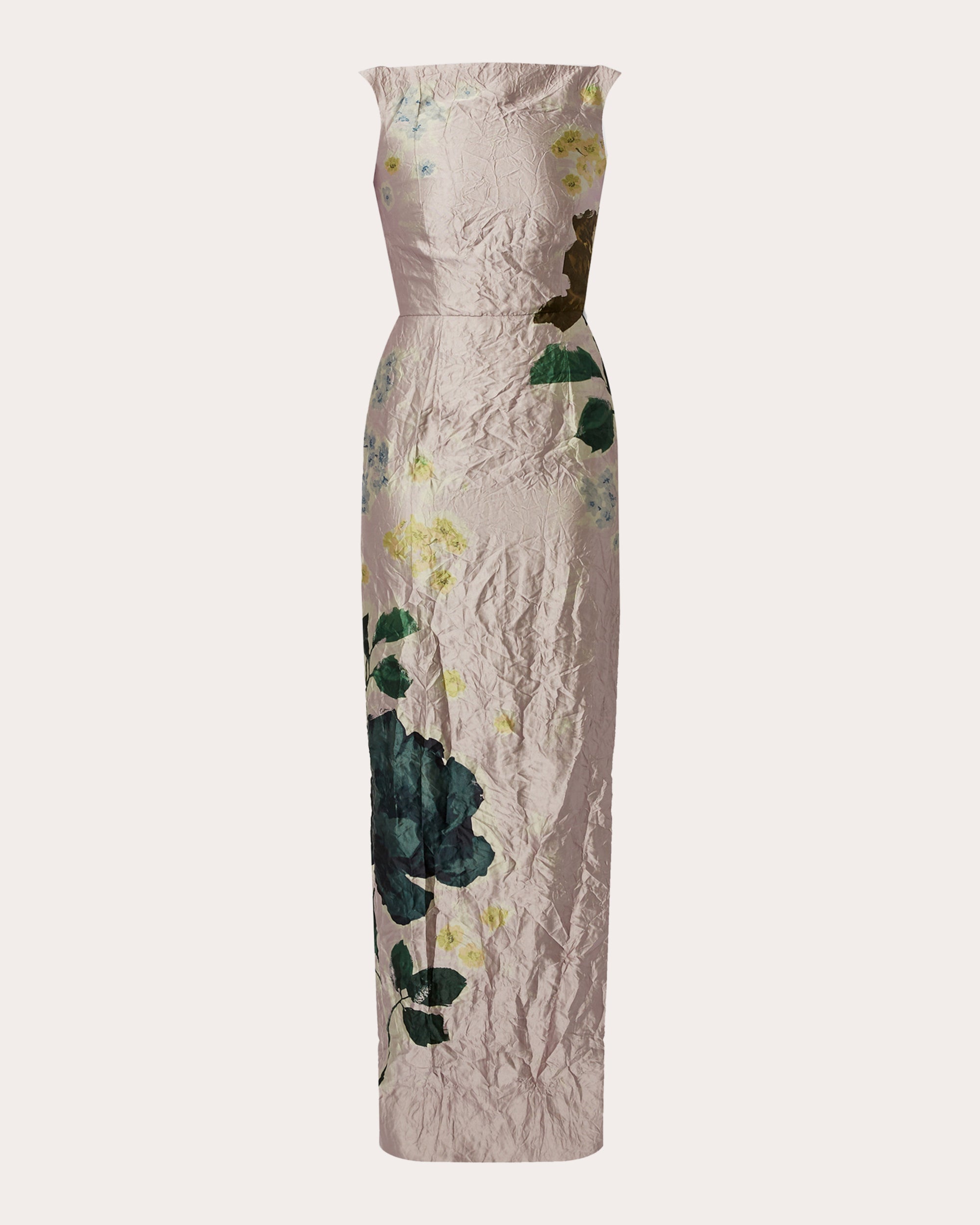 Floral Crinkled Metallic Satin Sleeveless Column Gown