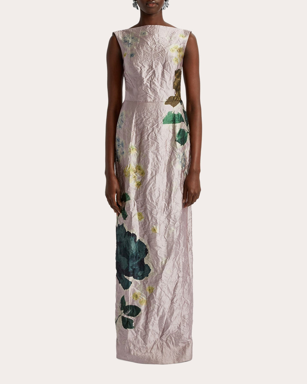 Floral Crinkled Metallic Satin Sleeveless Column Gown