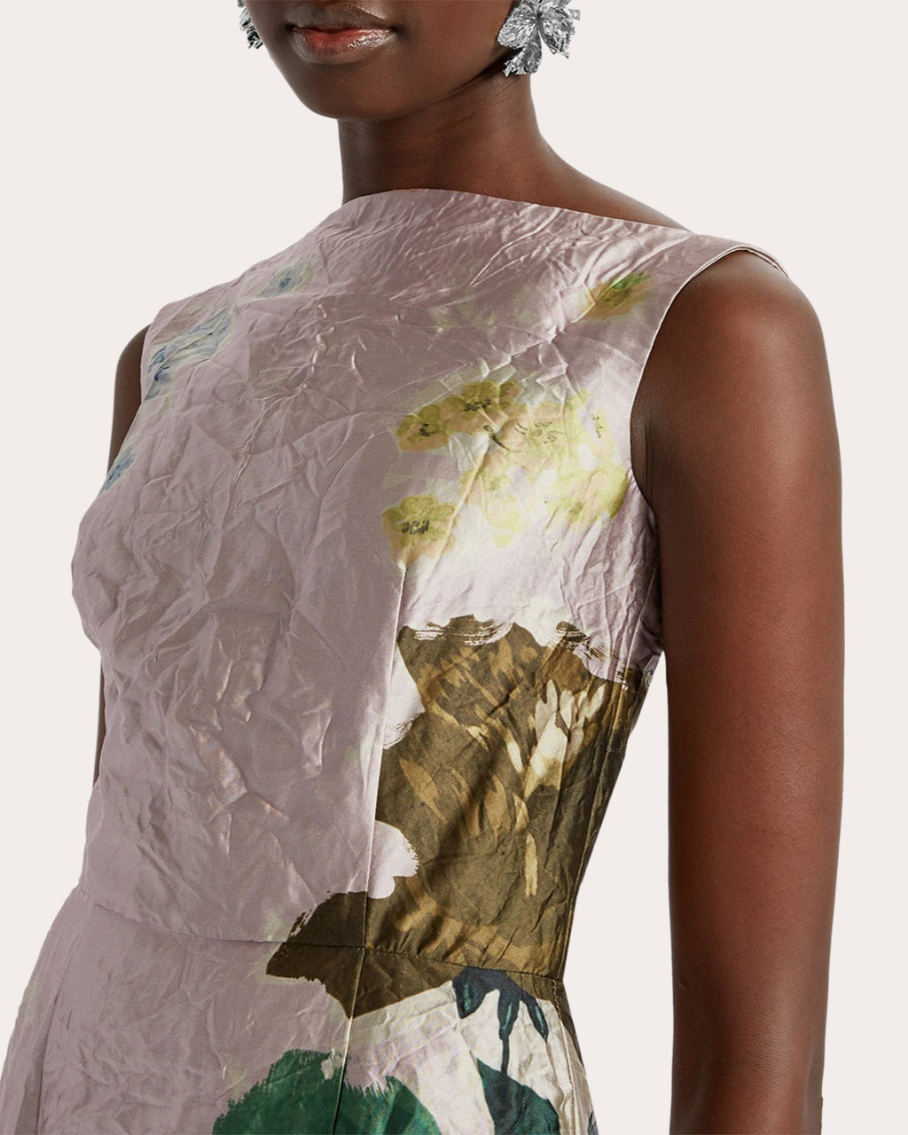 Floral Crinkled Metallic Satin Sleeveless Column Gown