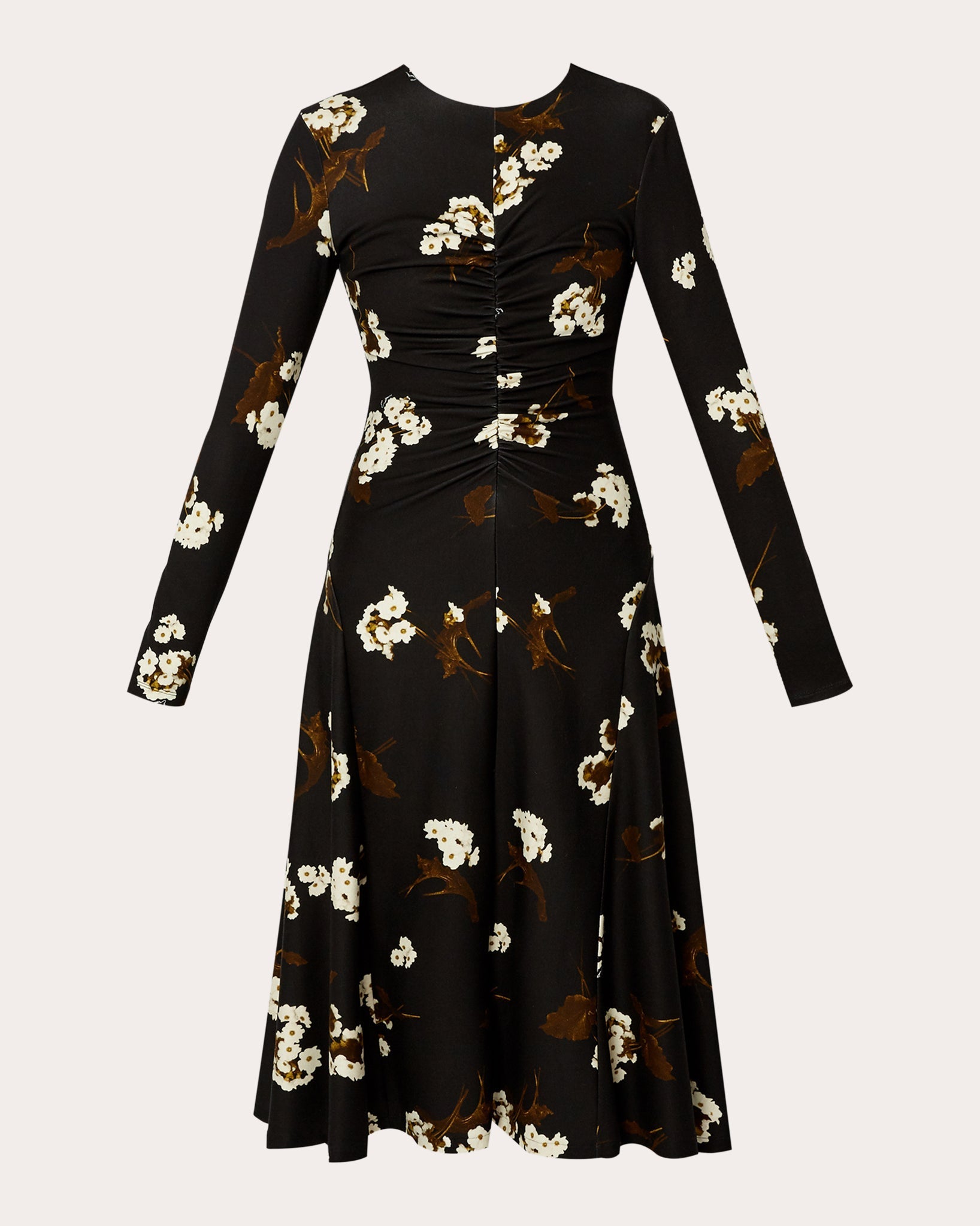Ruched Floral-Print Ponte Jersey Midi Dress