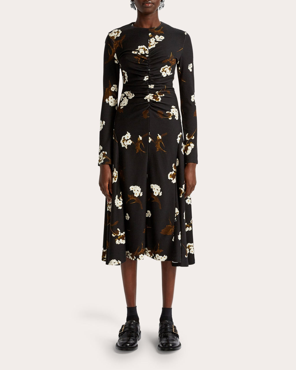 Ruched Floral-Print Ponte Jersey Midi Dress