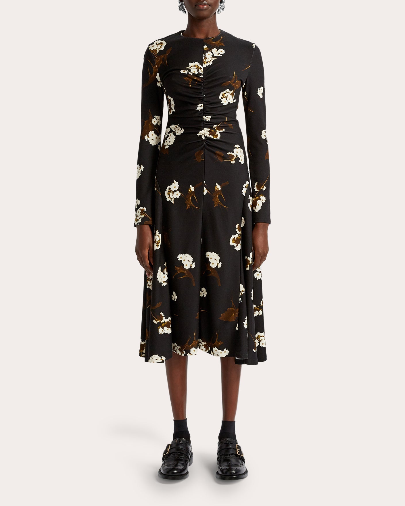 Ruched Floral-Print Ponte Jersey Midi Dress