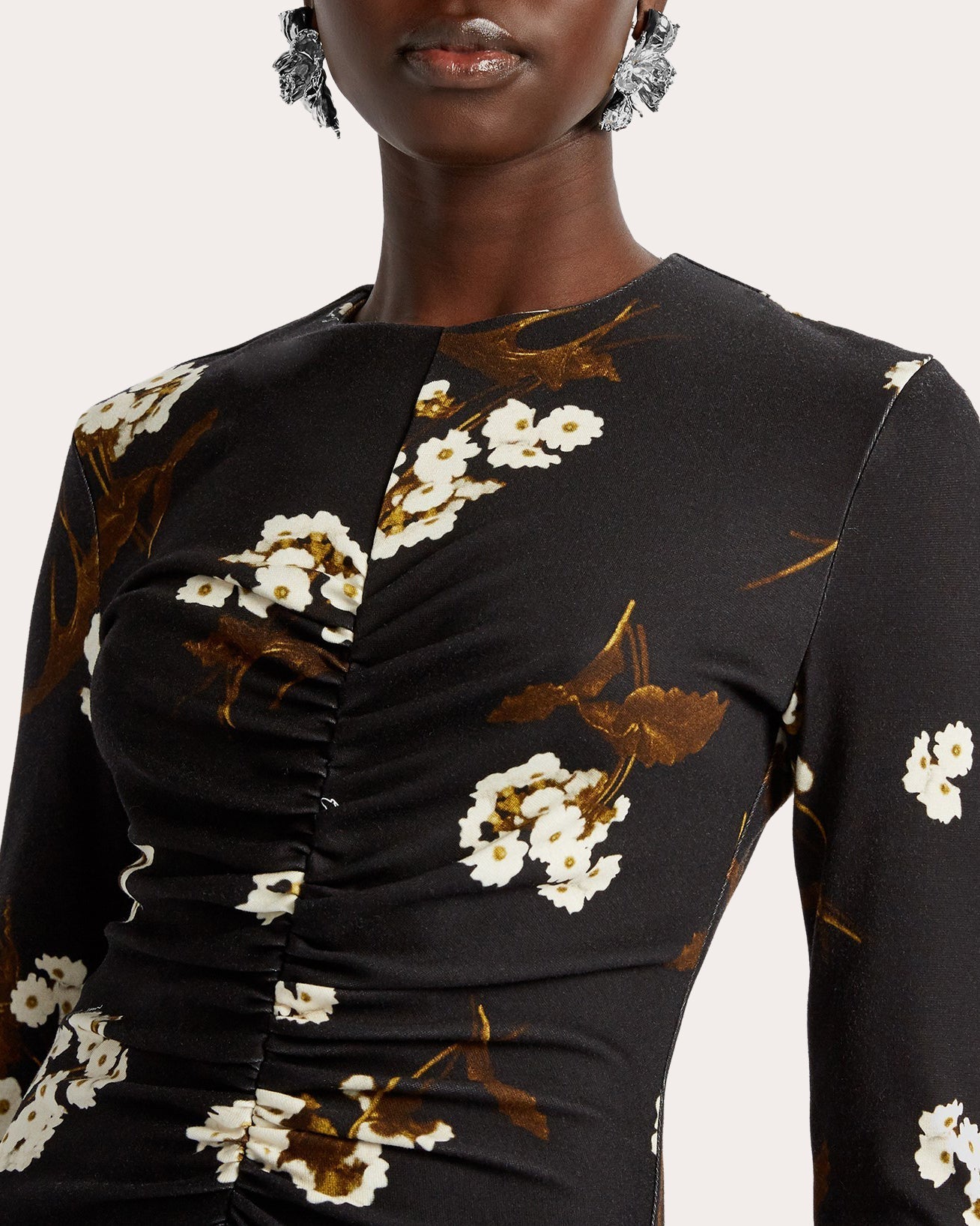 Ruched Floral-Print Ponte Jersey Midi Dress