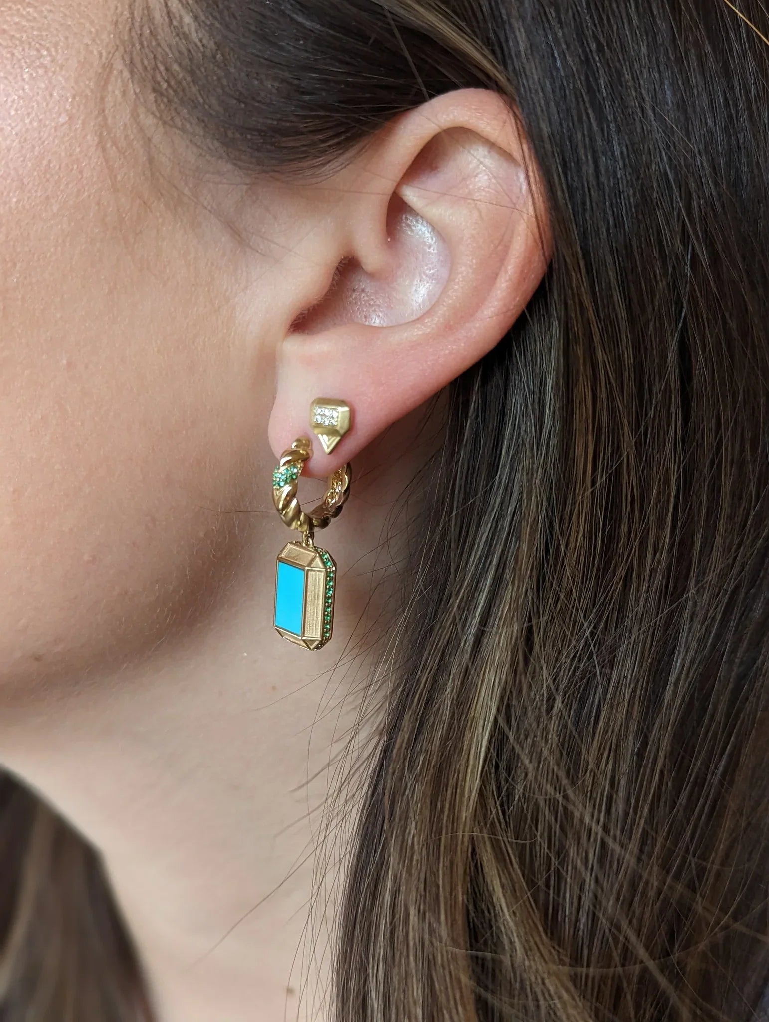 Spark 14K Gold Turquoise and Emerald Earrings