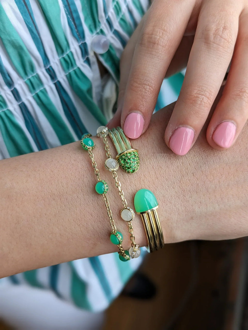 Found Cap 14K Gold Chrysoprase and Tsavorite Cuff
