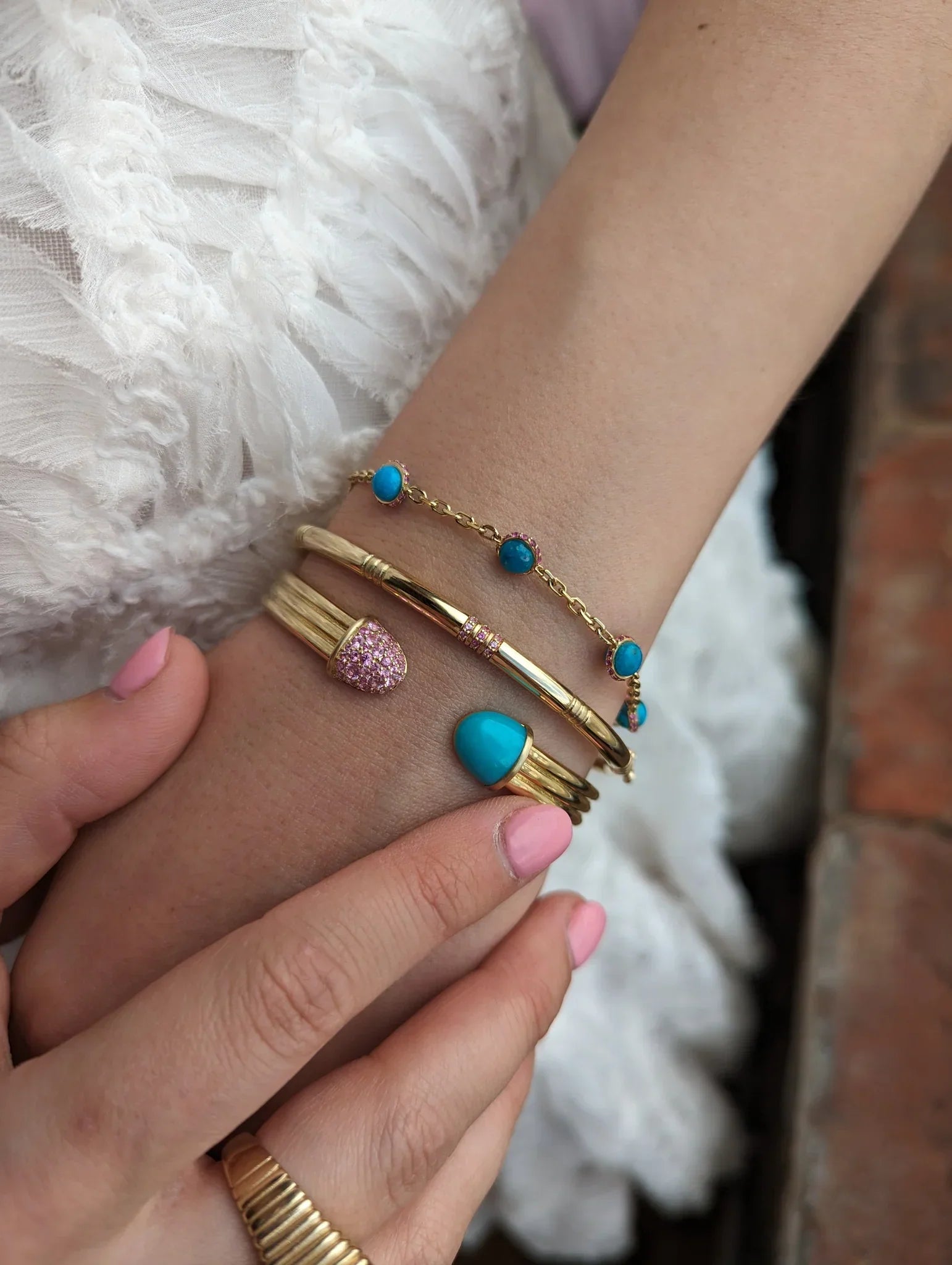 Found Cap 14K Gold Turquoise and Pink Sapphire Cuff