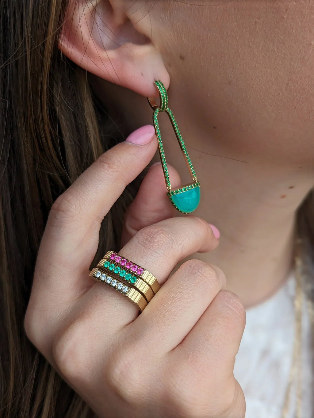 Found Cap 14K Gold Chrysoprase and Tsavorite Earrings