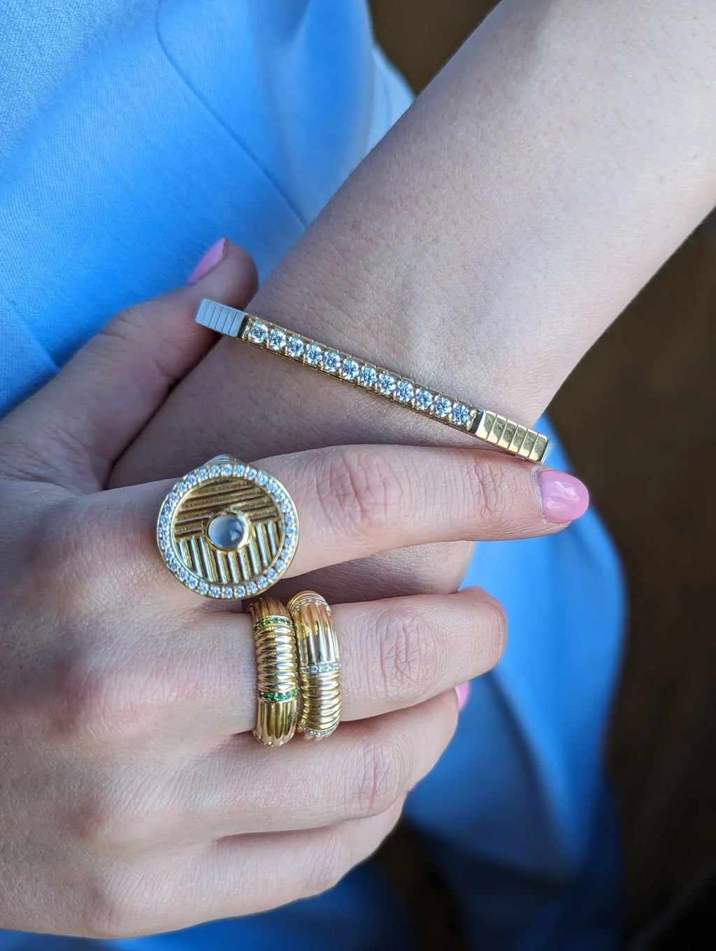 Found 14K Gold Moonstone and Diamond Ribbed Ring