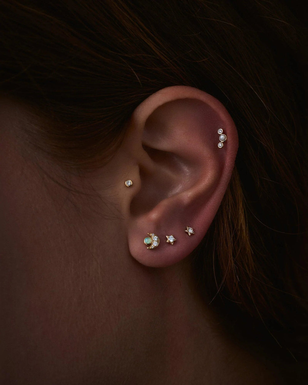 Crescent 14K Gold Diamond Single Stud Earring