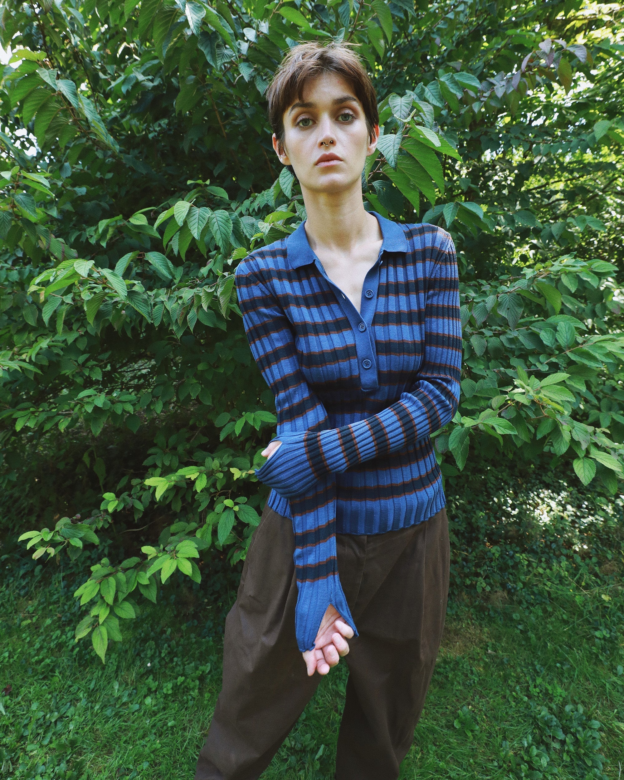 Silvia Striped Rib-Knit Cotton Polo Sweater
