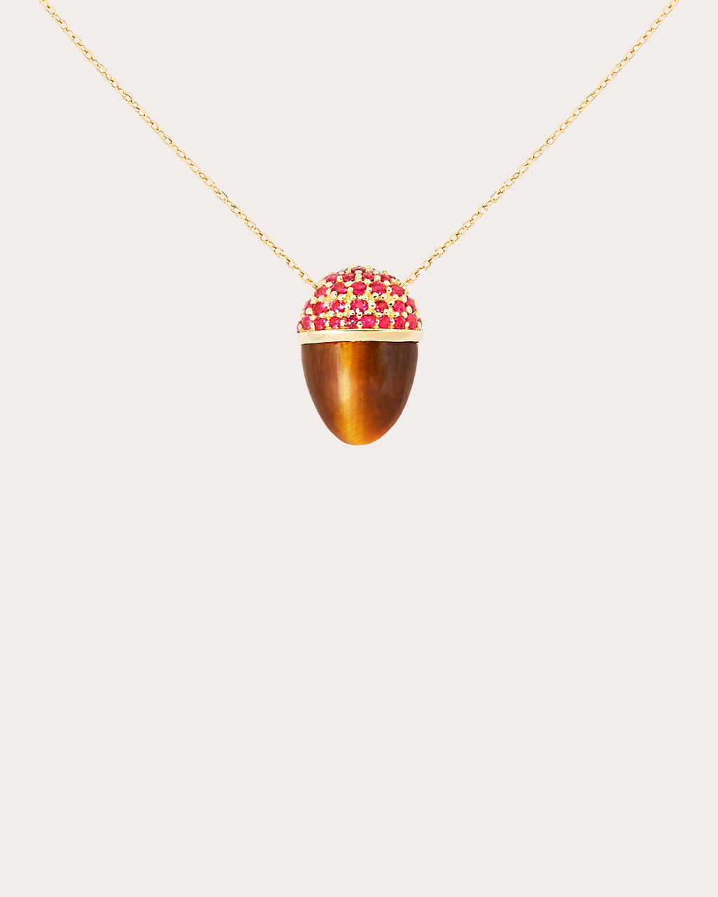 Found Cap 14K Gold Tiger's Eye and Ruby Pendant Necklace