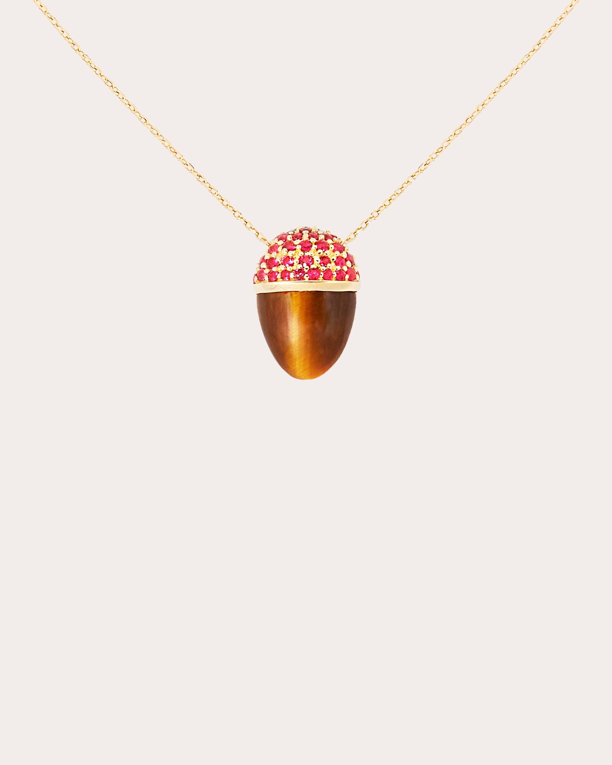 Found Cap 14K Gold Tiger's Eye and Ruby Pendant Necklace