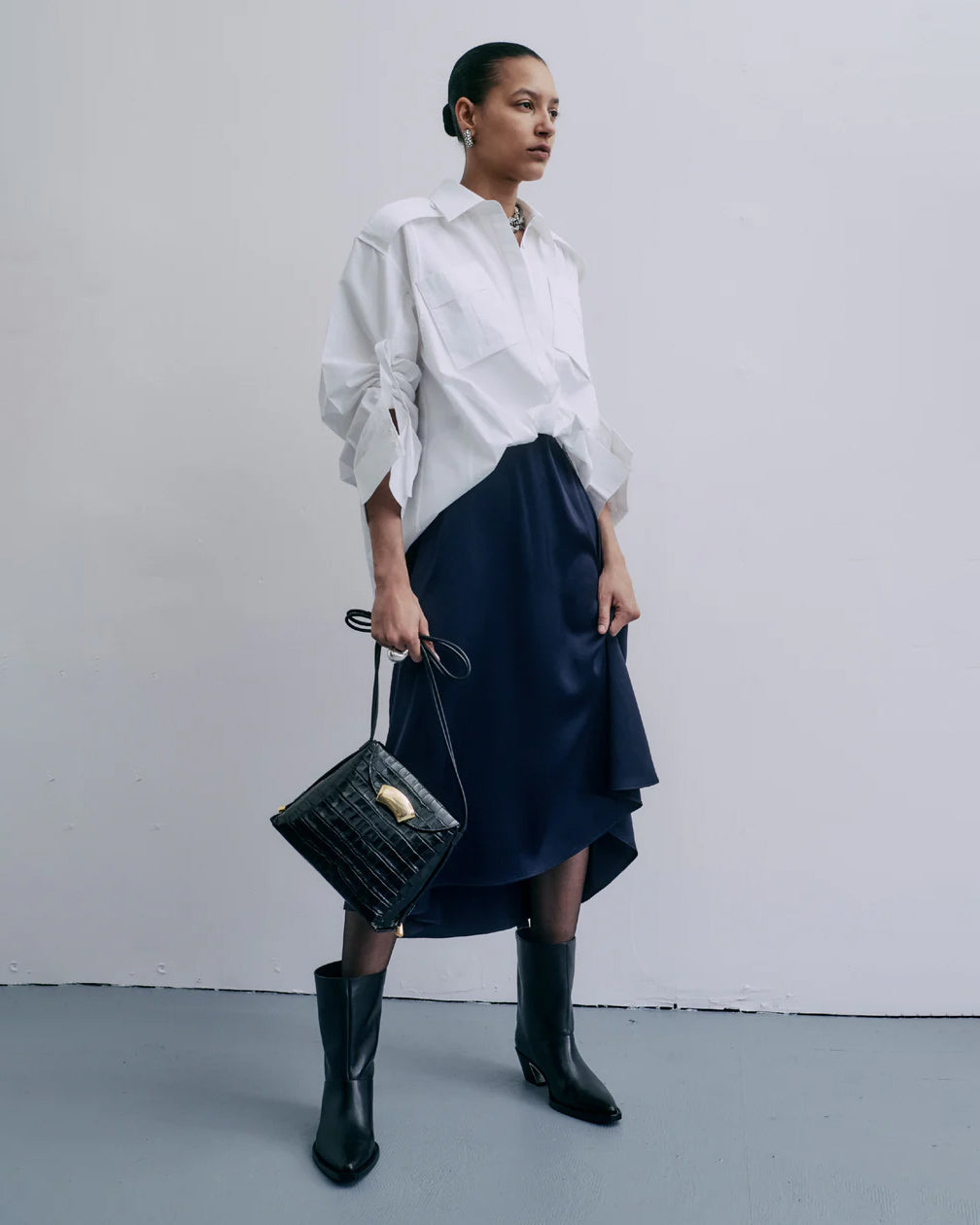 Draped Layered Poplin Satin Combo Midi Dress